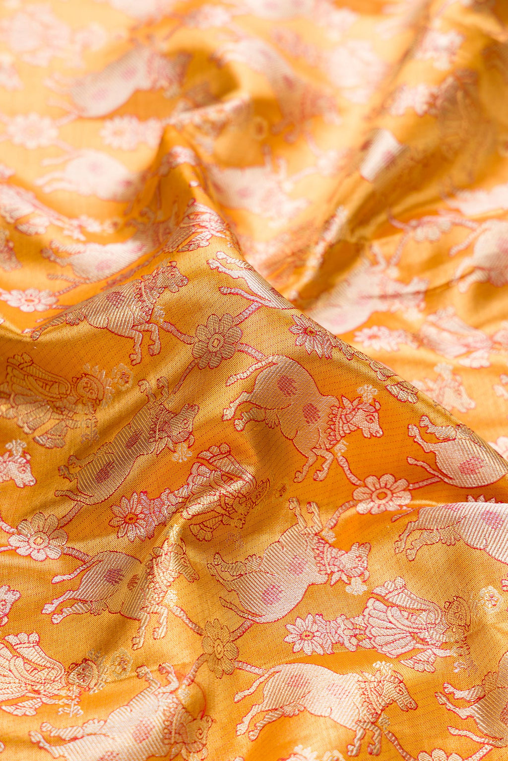 Close up of Gold Dual Tone Kanchipuram Tissue Silk Saree with Zari Brocade on the body and Zari Border.  displaying folds