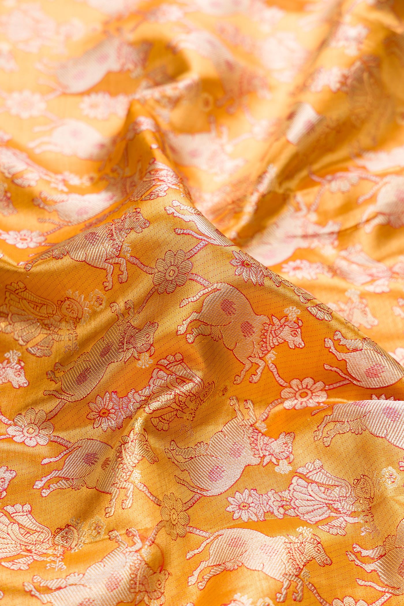Close up of Gold Dual Tone Kanchipuram Tissue Silk Saree with Zari Brocade on the body and Zari Border.  displaying folds