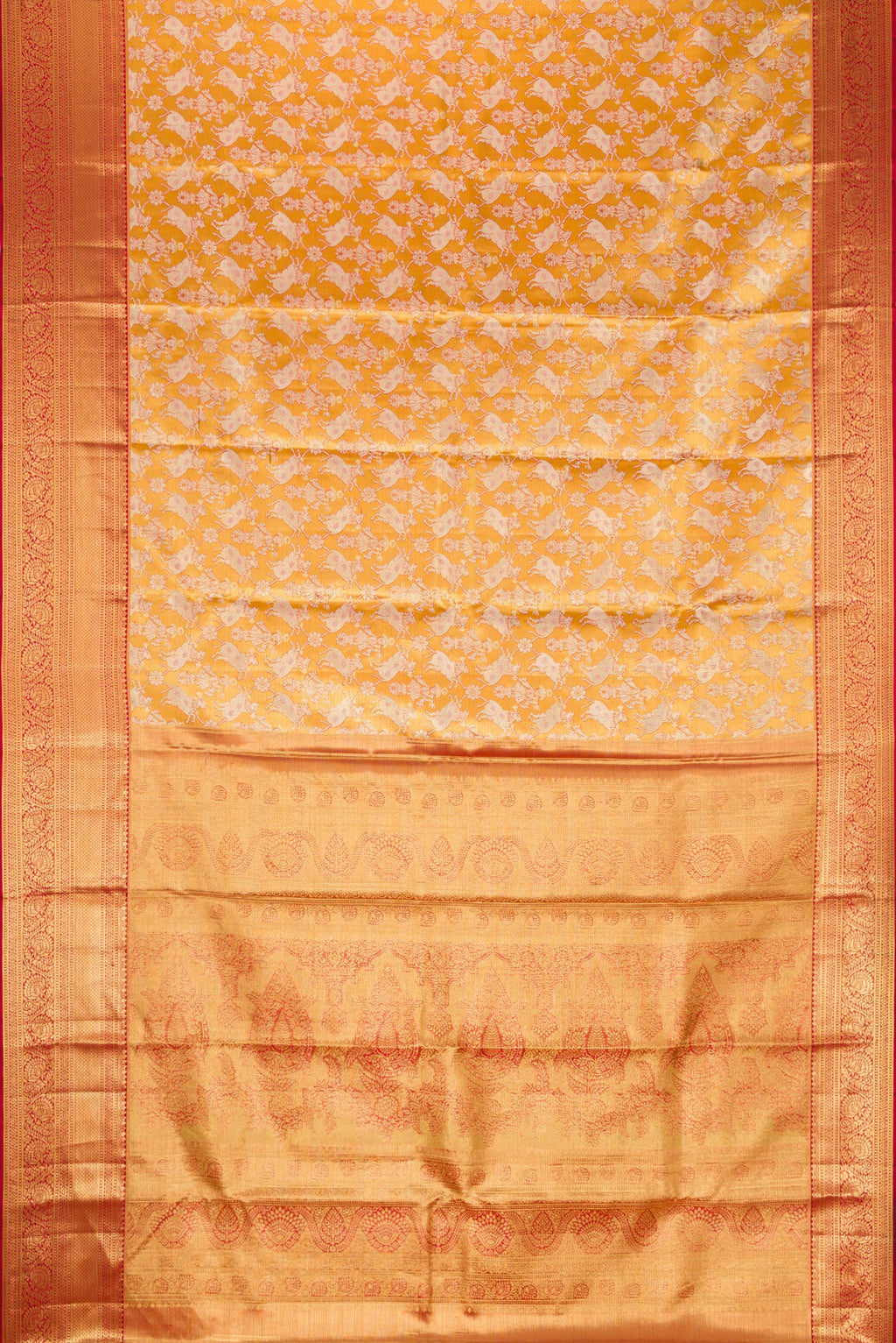 Flat view of Gold Dual Tone Kanchipuram Tissue Silk Saree with Zari Brocade on the body and Zari Border. 