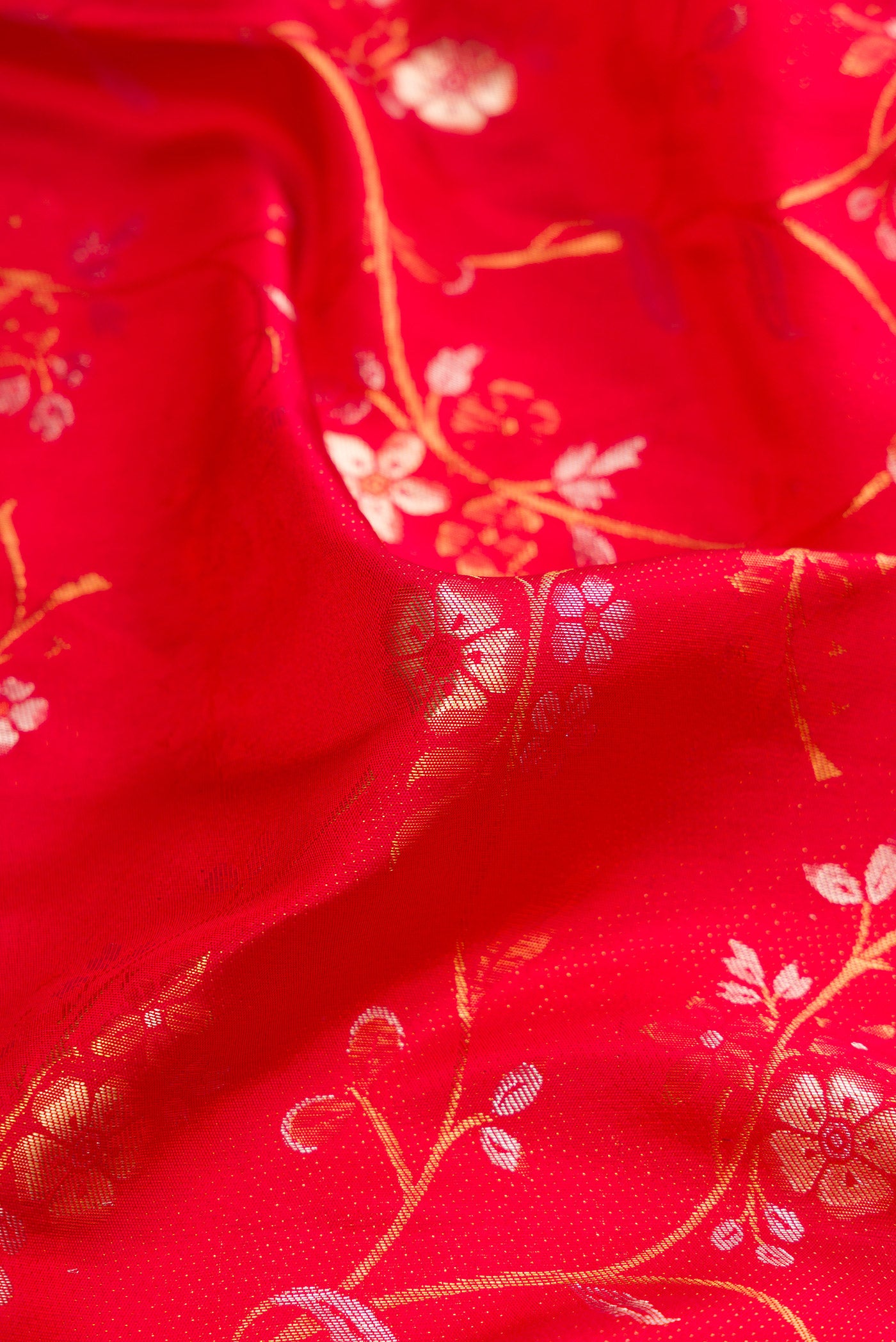 Close up of Red Dual Tone Kanchipuram Silk Saree with Zari Brocade on the body and Fancy Border.  displaying folds