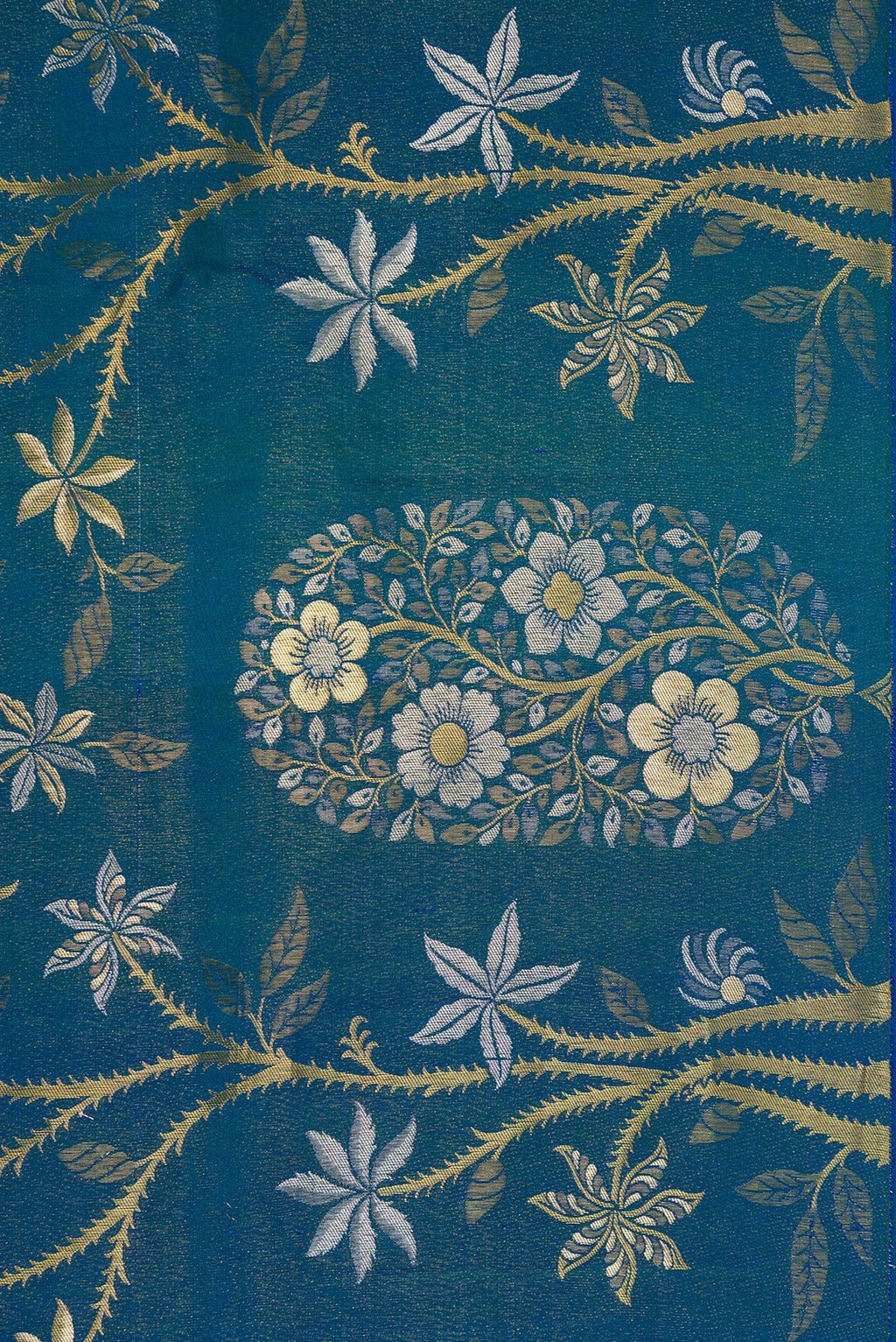 Border image of Peacock Blue Dual Tone Kanchipuram Silk Saree with Zari Brocade on the body and Fancy Border. 