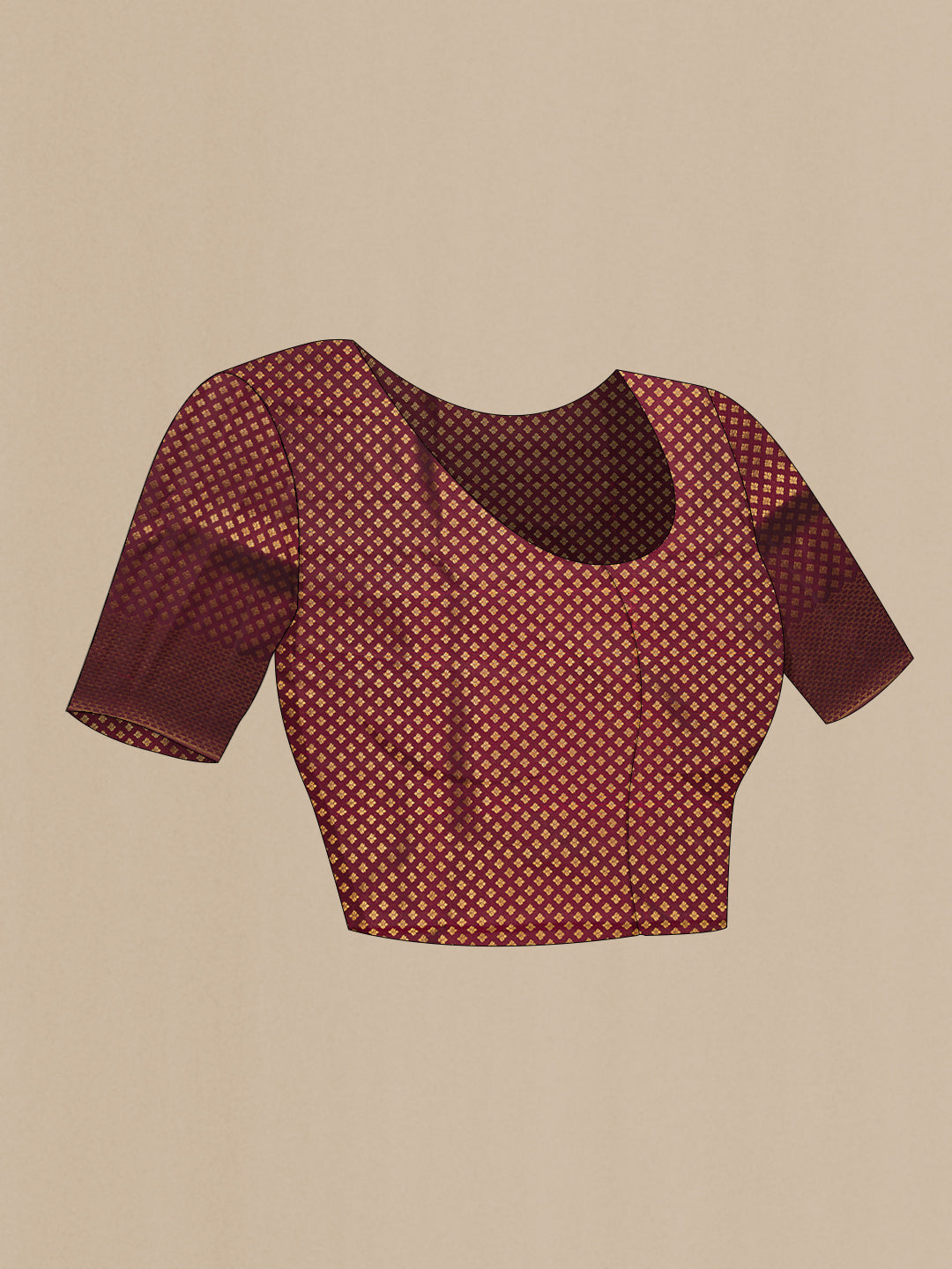 Close up image of the blouse of Maroon Dual Tone Kanchipuram Silk Saree with Zari Brocade on the body and Fancy Border. 