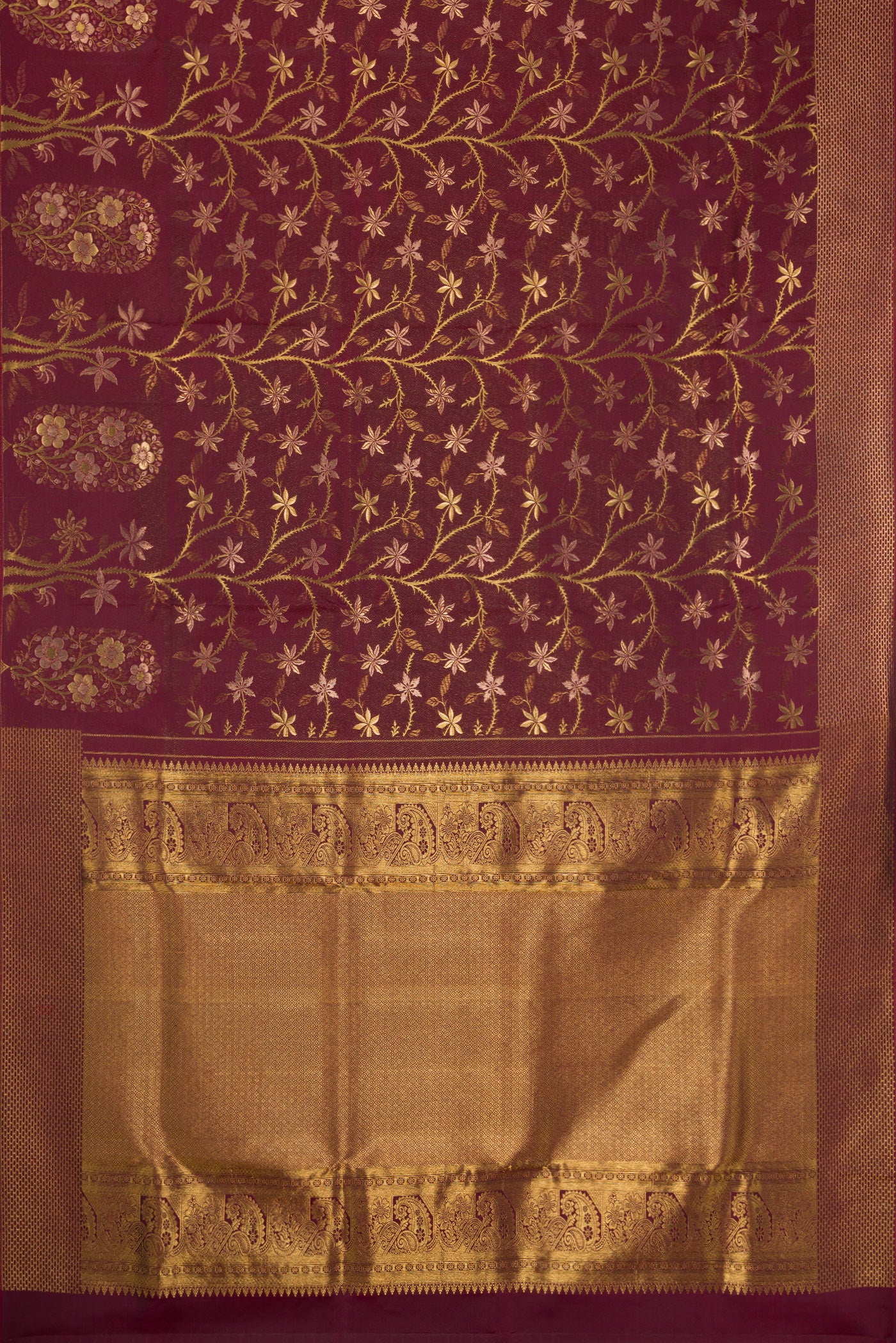 Flat view of Maroon Dual Tone Kanchipuram Silk Saree with Zari Brocade on the body and Fancy Border. 