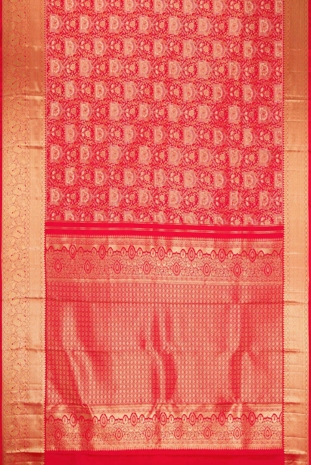 Flat view of Red Dual Tone Kanchipuram Silk Saree with Zari Brocade on the body and Zari Border. 