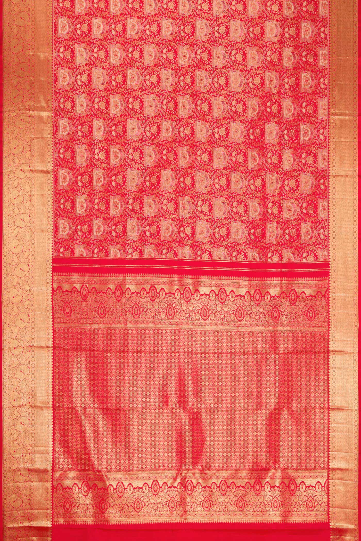 Flat view of Red Dual Tone Kanchipuram Silk Saree with Zari Brocade on the body and Zari Border. 