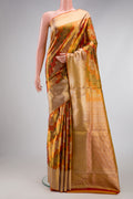 Golden Peach Dual Tone Kanjivaram Tissue Silk Saree with Zari Brocade on the body and Zari Border.  displayed on a mannequin