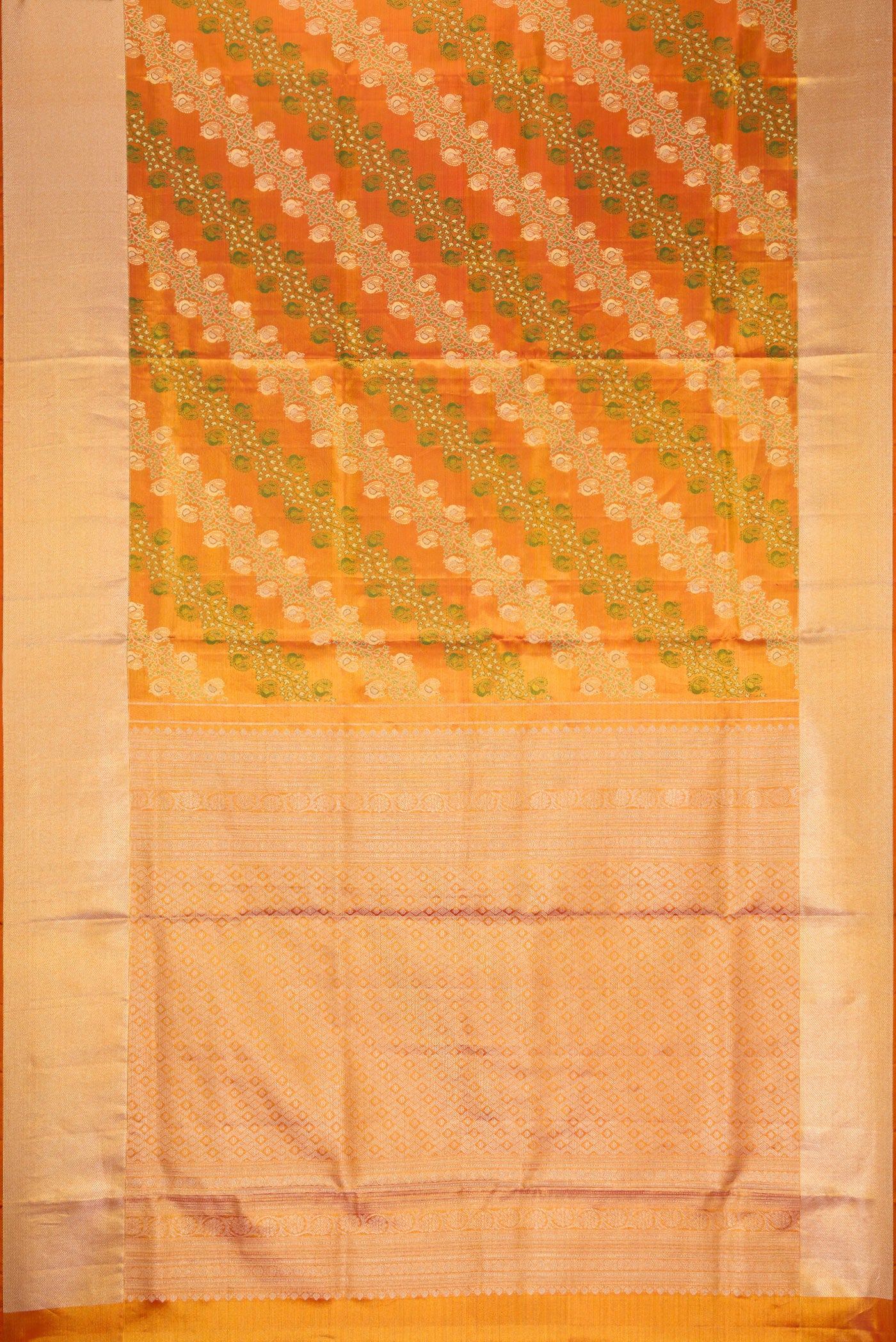 Flat view of Golden Peach Dual Tone Kanjivaram Tissue Silk Saree with Zari Brocade on the body and Zari Border. 