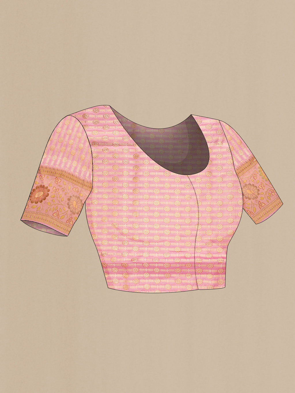 Close up image of the blouse of Red Dual Tone Kanjivaram Tissue Silk Saree with Zari Brocade on the body and Zari Border. 