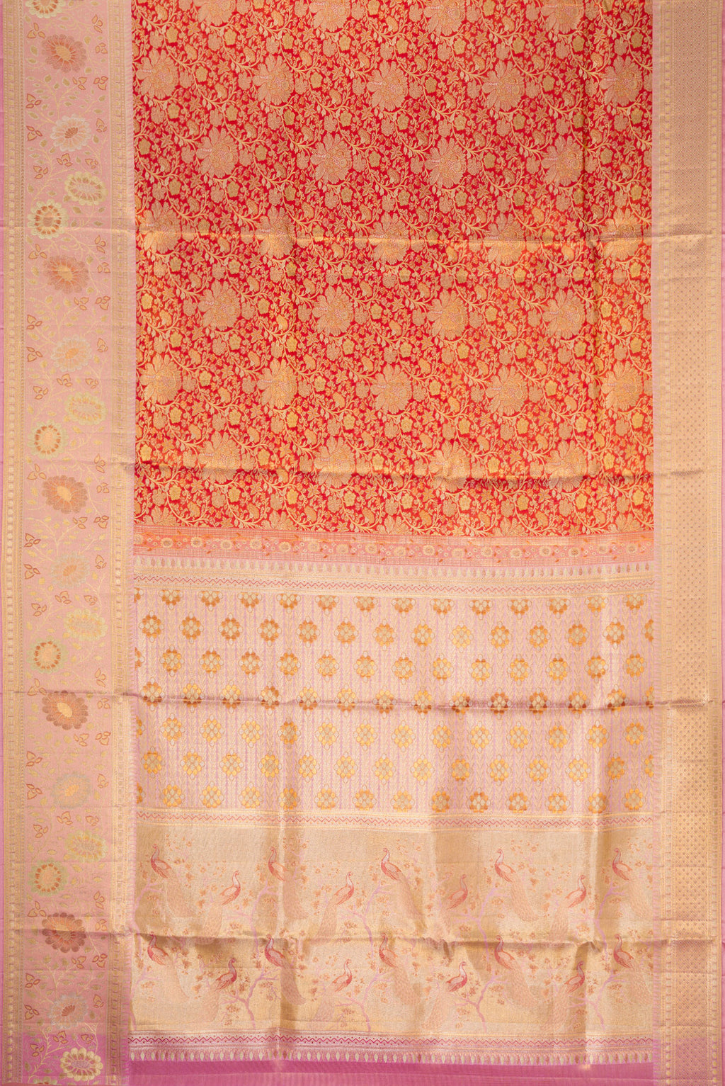 Flat view of Red Dual Tone Kanjivaram Tissue Silk Saree with Zari Brocade on the body and Zari Border. 