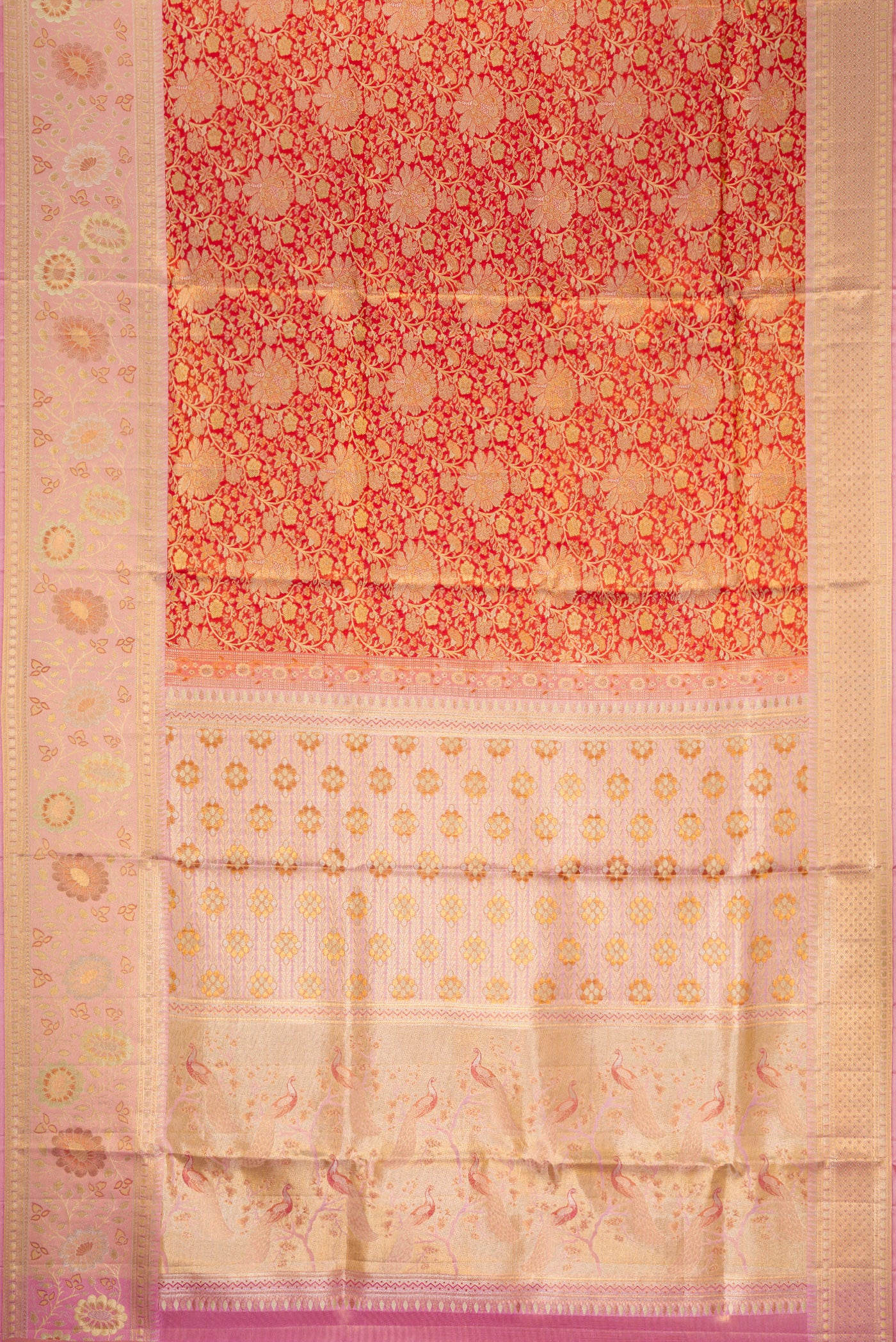 Flat view of Red Dual Tone Kanjivaram Tissue Silk Saree with Zari Brocade on the body and Zari Border. 