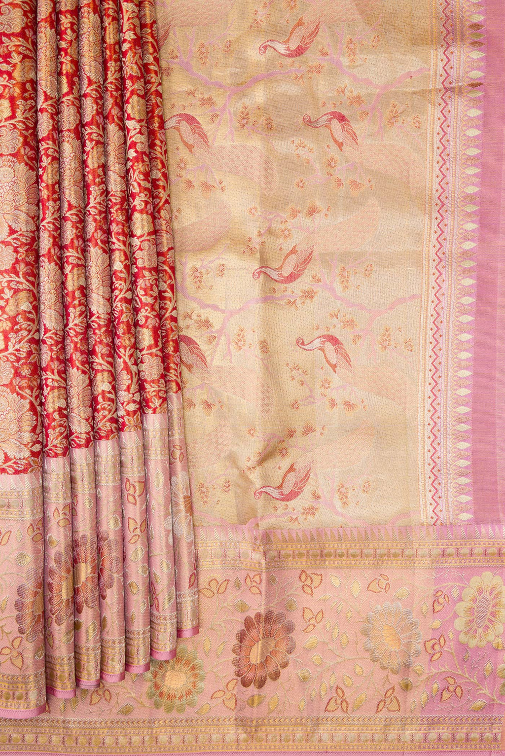 Pleats and pallu of Red Dual Tone Kanjivaram Tissue Silk Saree with Zari Brocade on the body and Zari Border. 