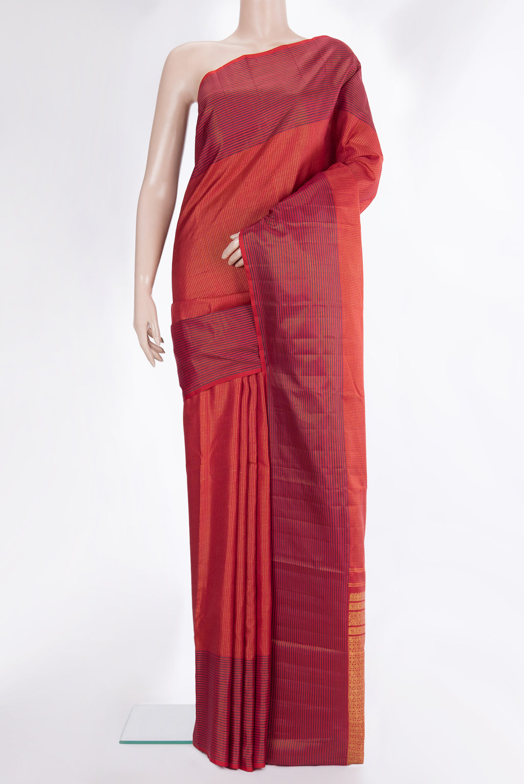 Pure Silk Maroon Dual Tone Kanjivaram Saree with Checked design on the body and Fancy Border.  displayed on a mannequin