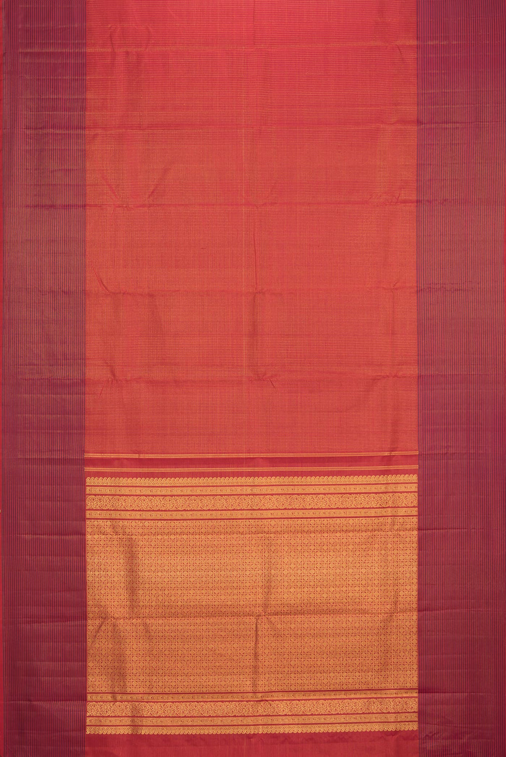 Flat view of Pure Silk Maroon Dual Tone Kanjivaram Saree with Checked design on the body and Fancy Border. 