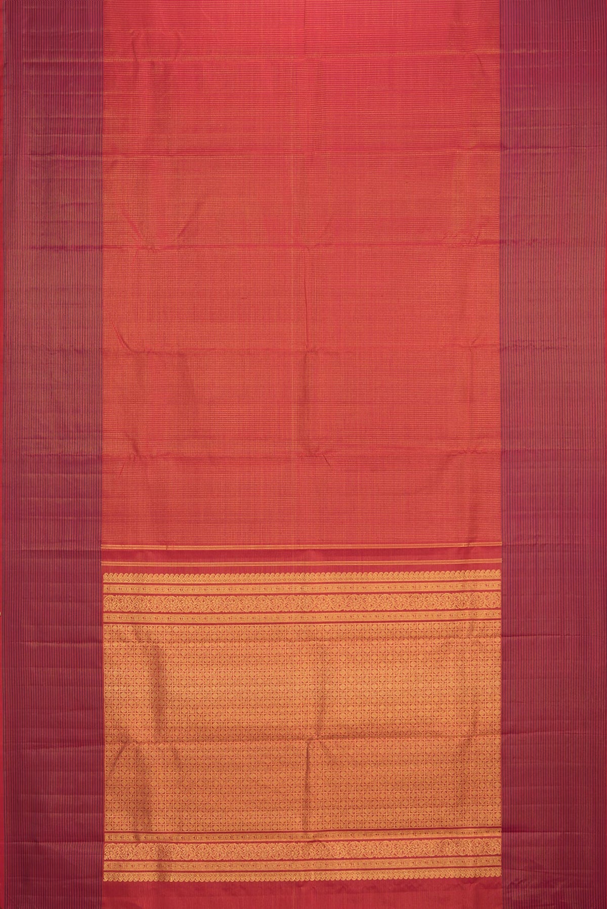 Flat view of Pure Silk Maroon Dual Tone Kanjivaram Saree with Checked design on the body and Fancy Border. 