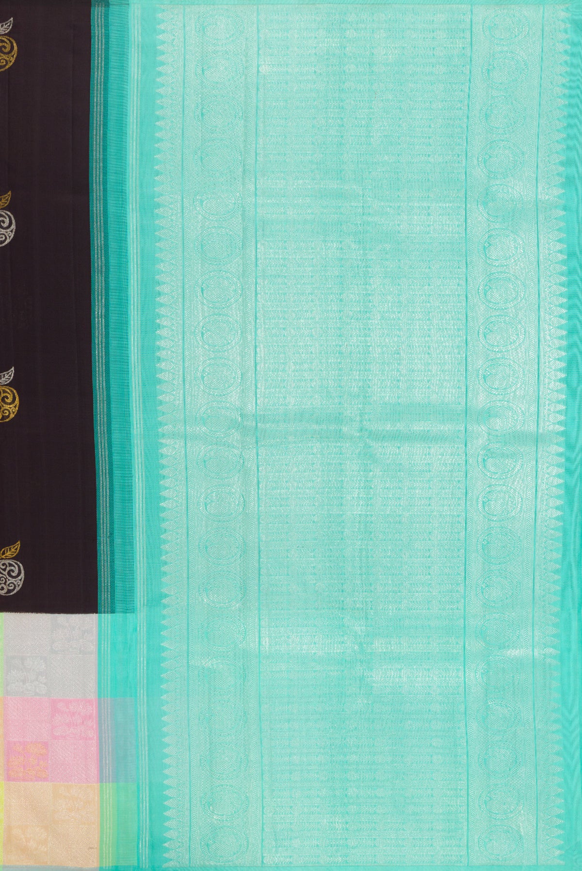 Close up image of the pallu of Coffee Brown Kanchipuram Silk Saree with Checked design on the body and Fancy Border. 