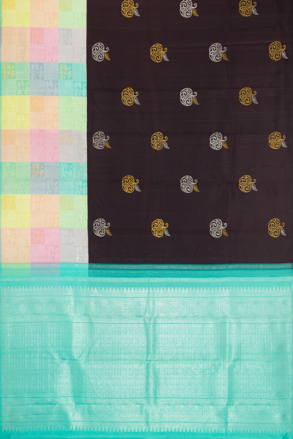 Flat view of Coffee Brown Kanchipuram Silk Saree with Checked design on the body and Fancy Border. 