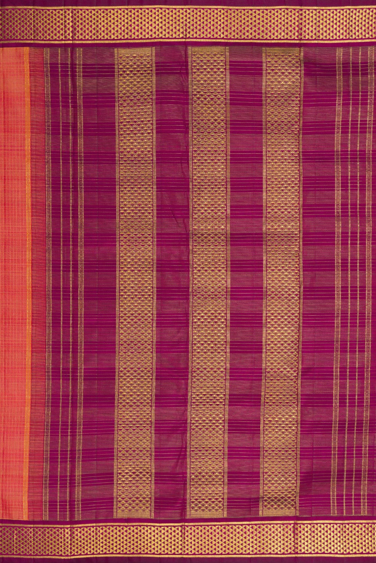 Close up image of the pallu of Pure Silk Pure Zari Coral Dual Tone Kanchipuram Nine Yards Saree with Checked design on the body and Zari Border. 