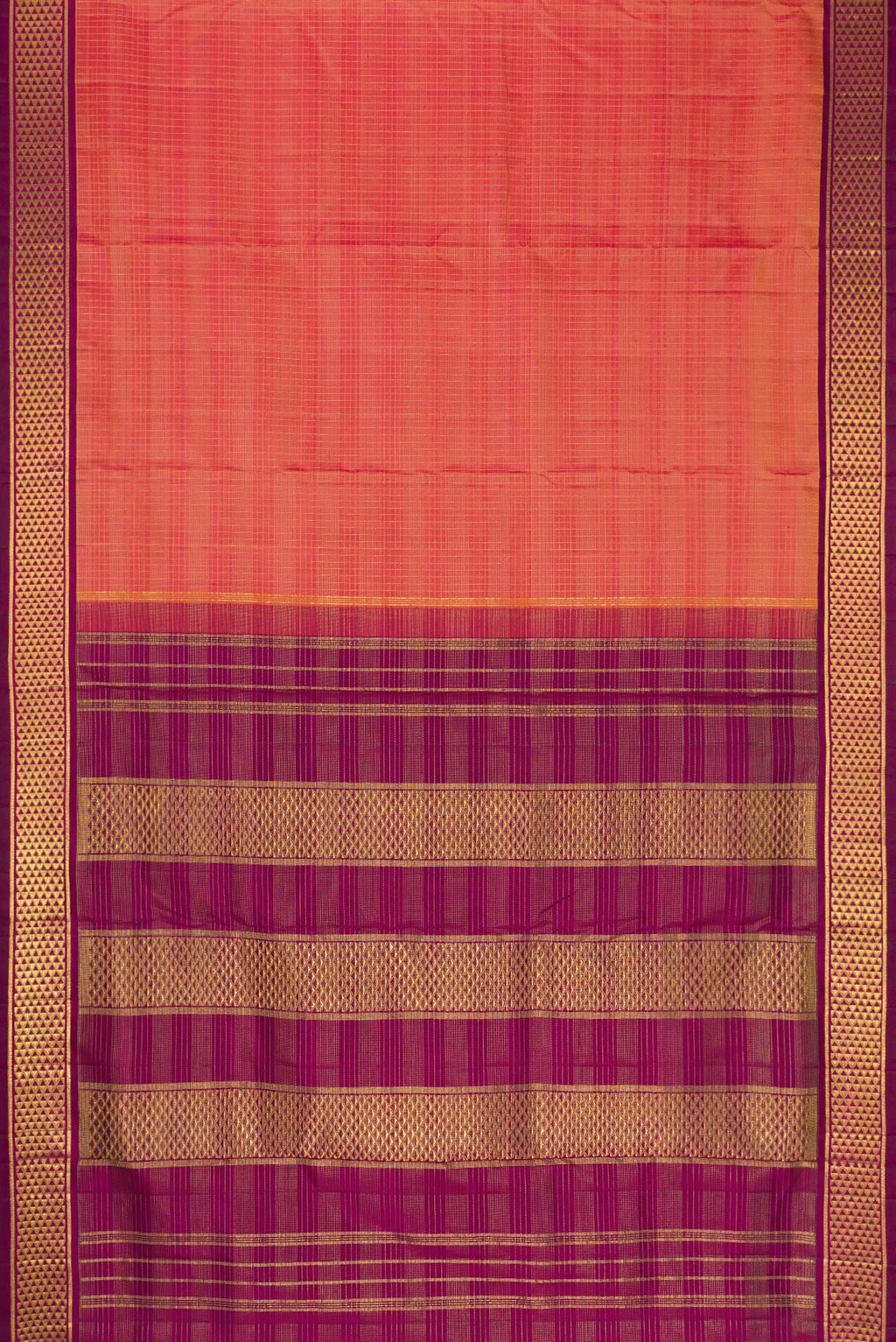 Flat view of Pure Silk Pure Zari Coral Dual Tone Kanchipuram Nine Yards Saree with Checked design on the body and Zari Border. 