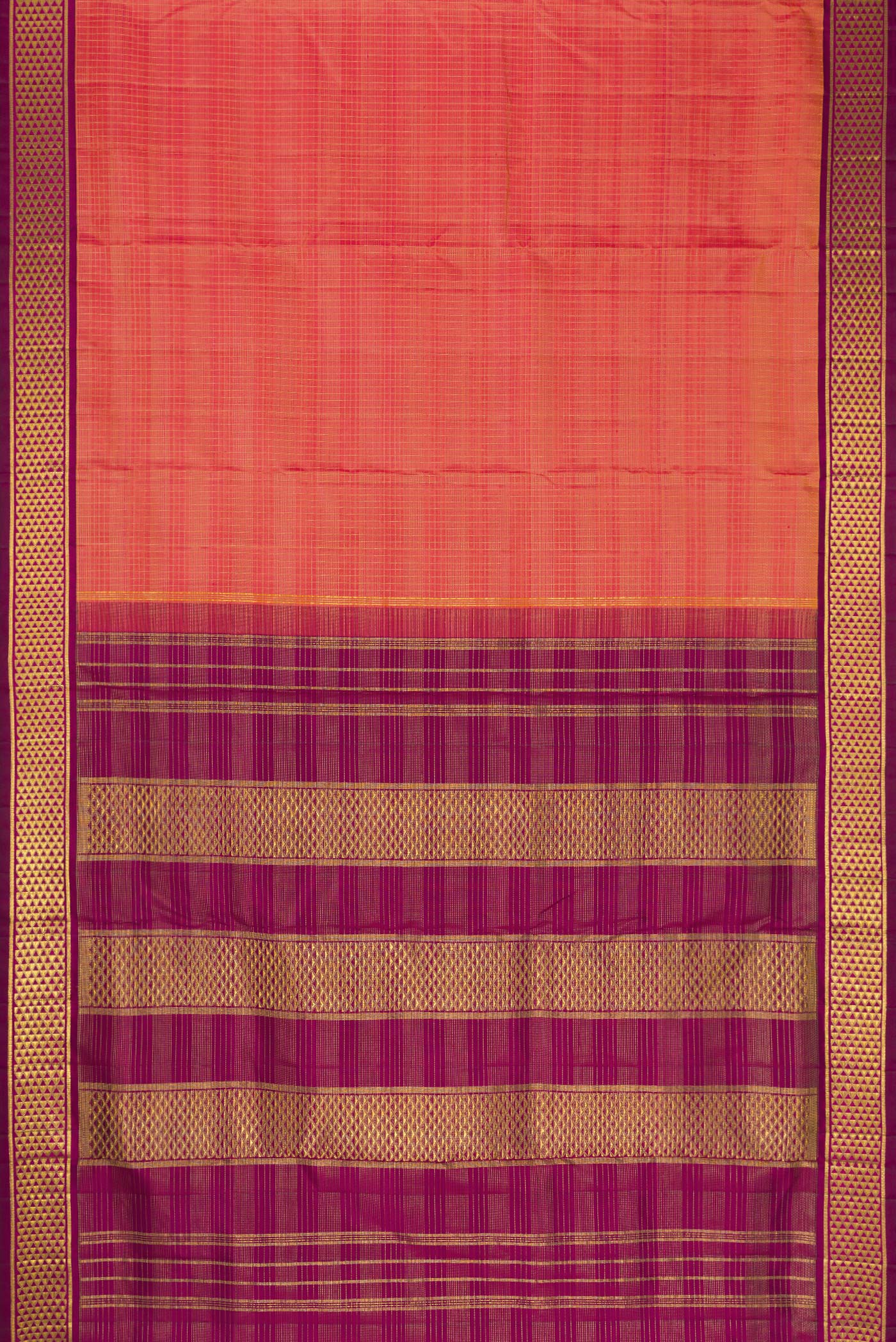 Flat view of Pure Silk Pure Zari Coral Dual Tone Kanchipuram Nine Yards Saree with Checked design on the body and Zari Border. 