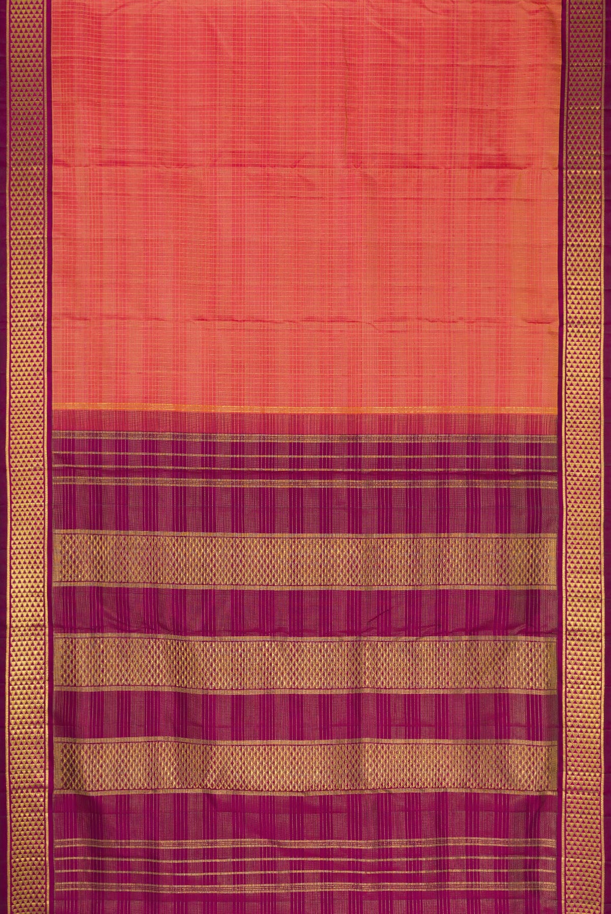 Flat view of Pure Silk Pure Zari Coral Dual Tone Kanchipuram Nine Yards Saree with Checked design on the body and Zari Border. 