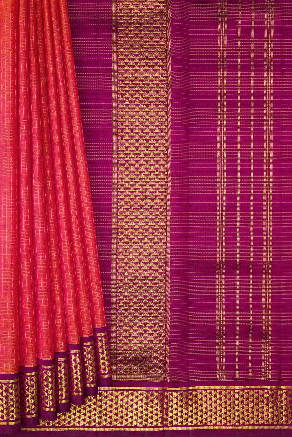 Pleats and pallu of Pure Silk Pure Zari Coral Dual Tone Kanchipuram Nine Yards Saree with Checked design on the body and Zari Border. 