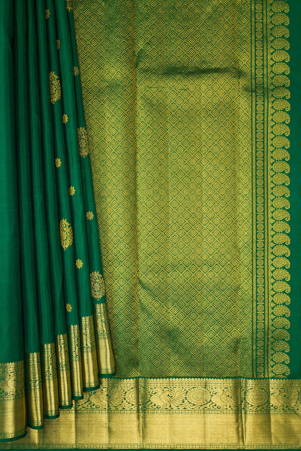 Pleats and pallu of Bottle Green Kanjivaram Silk Saree with Zari Butta on the body and Zari Border. 