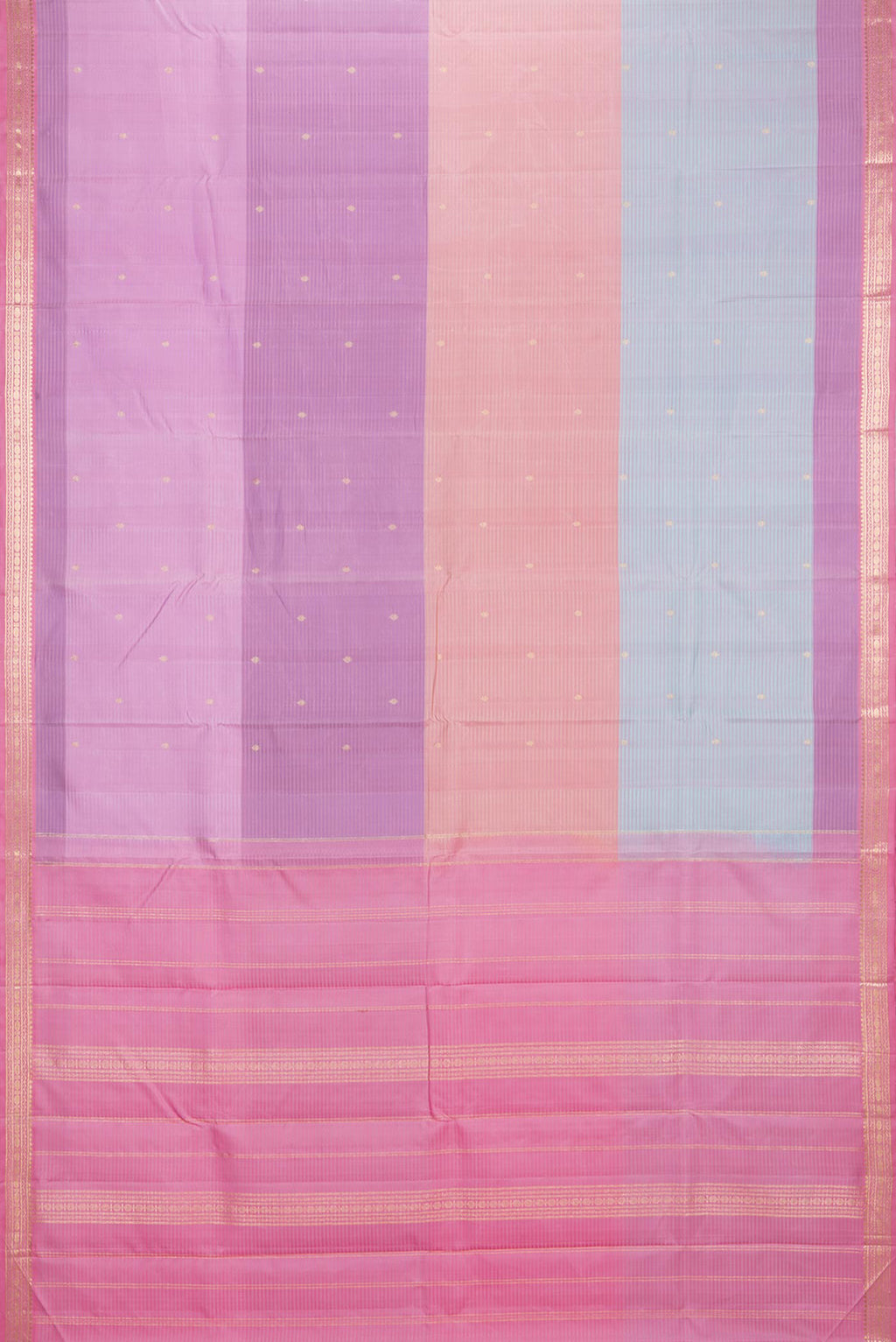 Flat view of Pure Silk Lavender Dual Tone Kanchipuram Saree with Stripes on the body and Zari Border. 