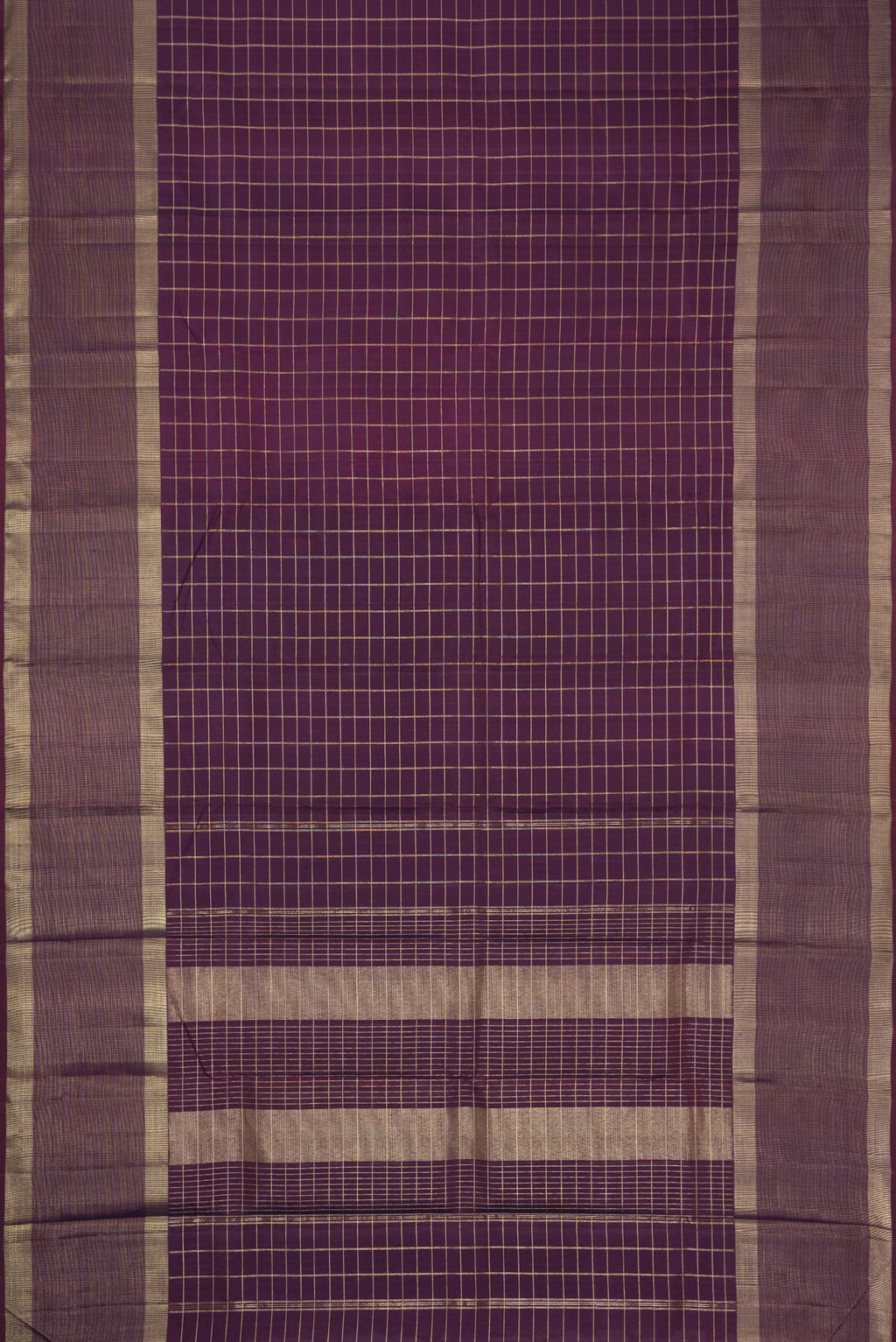 Flat view of Purple Kanchipuram Silk Saree with Checked design on the body and Plain Border. 