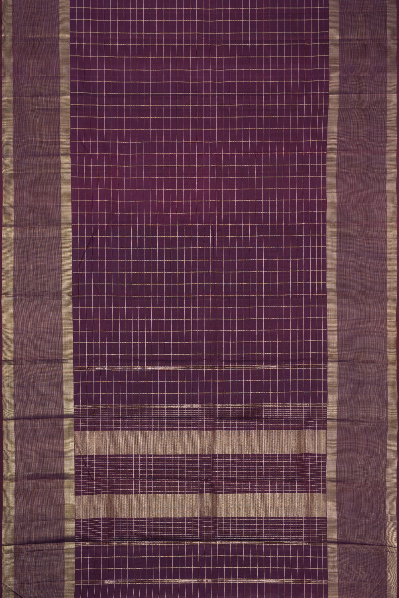 Flat view of Purple Kanchipuram Silk Saree with Checked design on the body and Plain Border. 