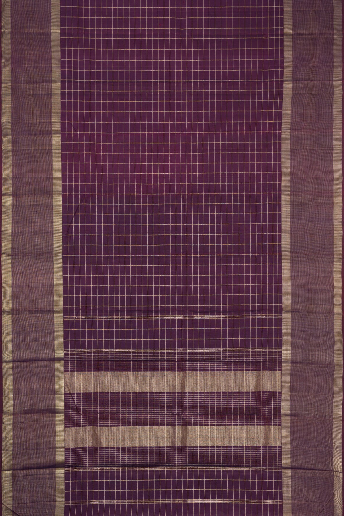 Flat view of Purple Kanchipuram Silk Saree with Checked design on the body and Plain Border. 