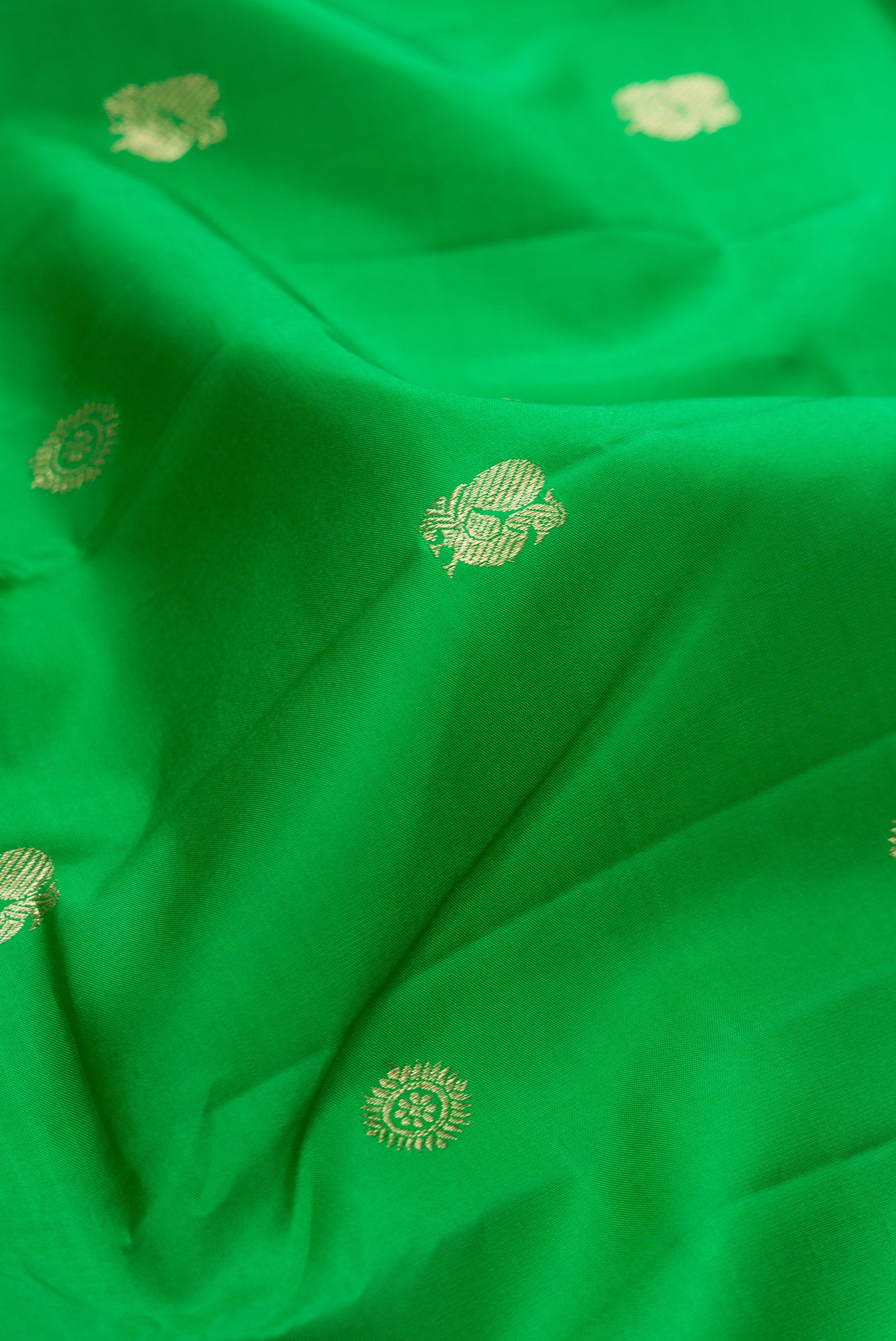 Close up of Green Kanchipuram Silk Saree with Zari Butta on the body and Checks Border.  displaying folds