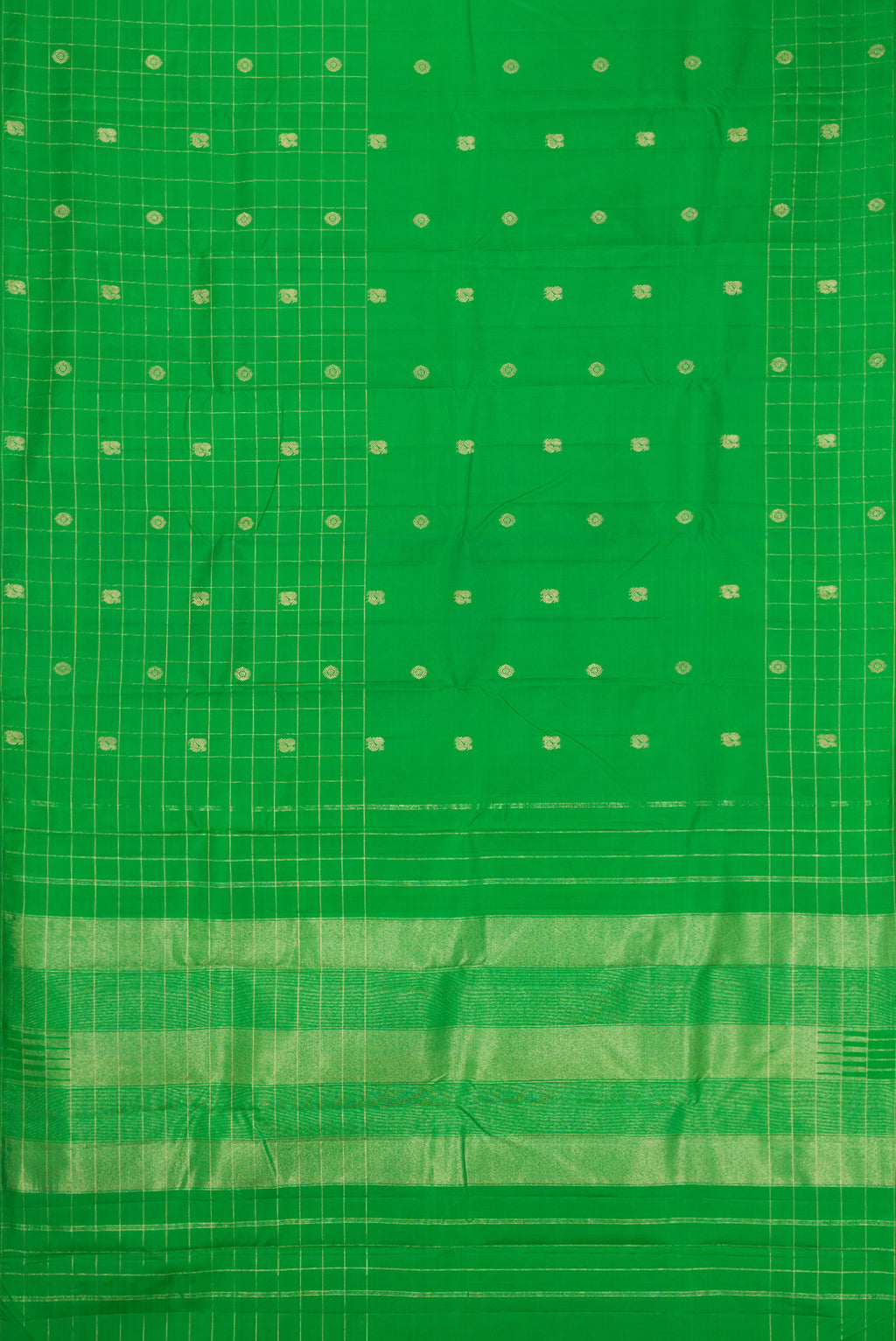 Flat view of Green Kanchipuram Silk Saree with Zari Butta on the body and Checks Border. 