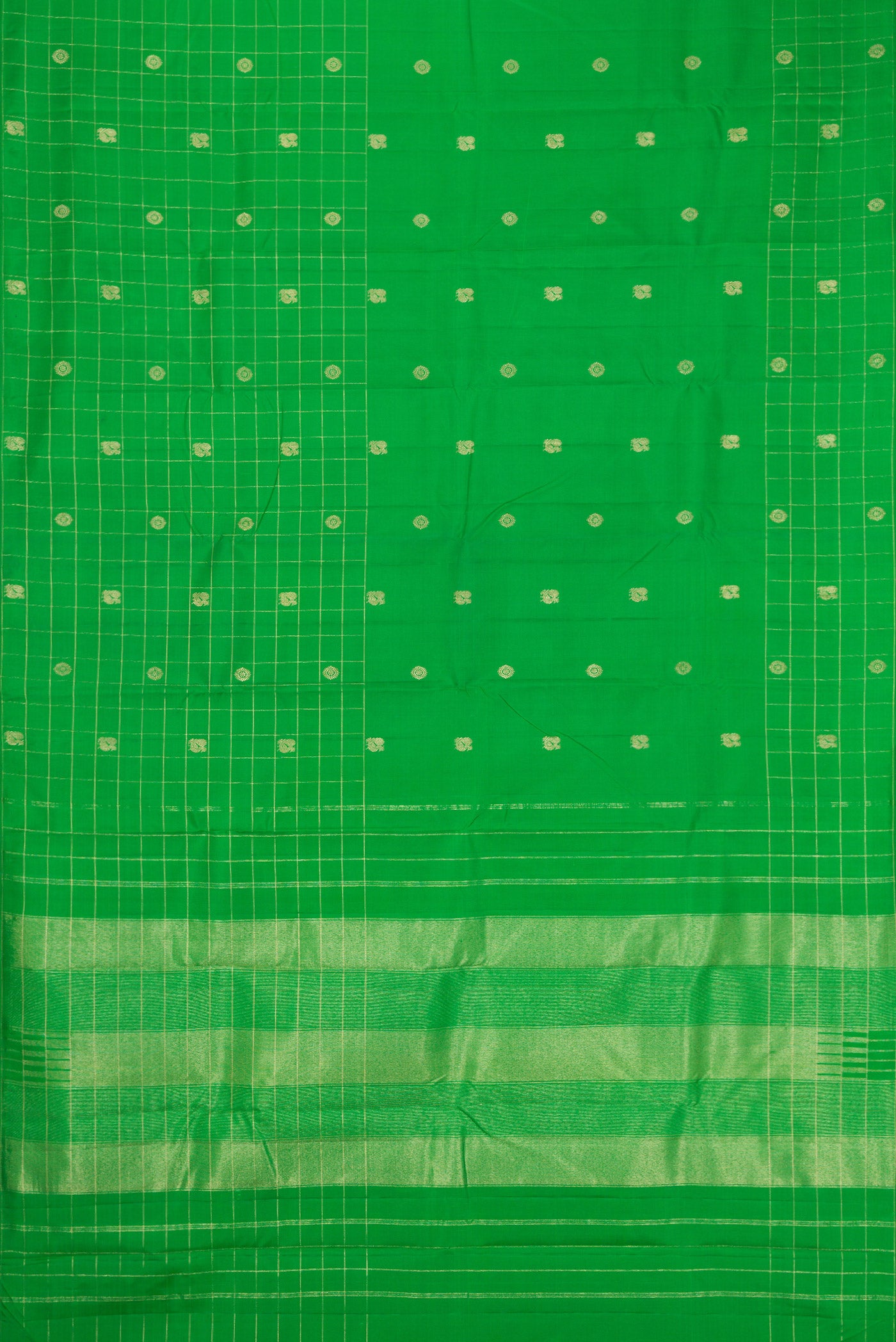 Flat view of Green Kanchipuram Silk Saree with Zari Butta on the body and Checks Border. 