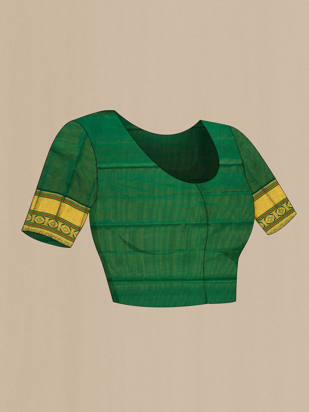 Close up image of the blouse of Pista Green Kanchipuram Silk Saree with Zari Butta on the body and Zari Border. 