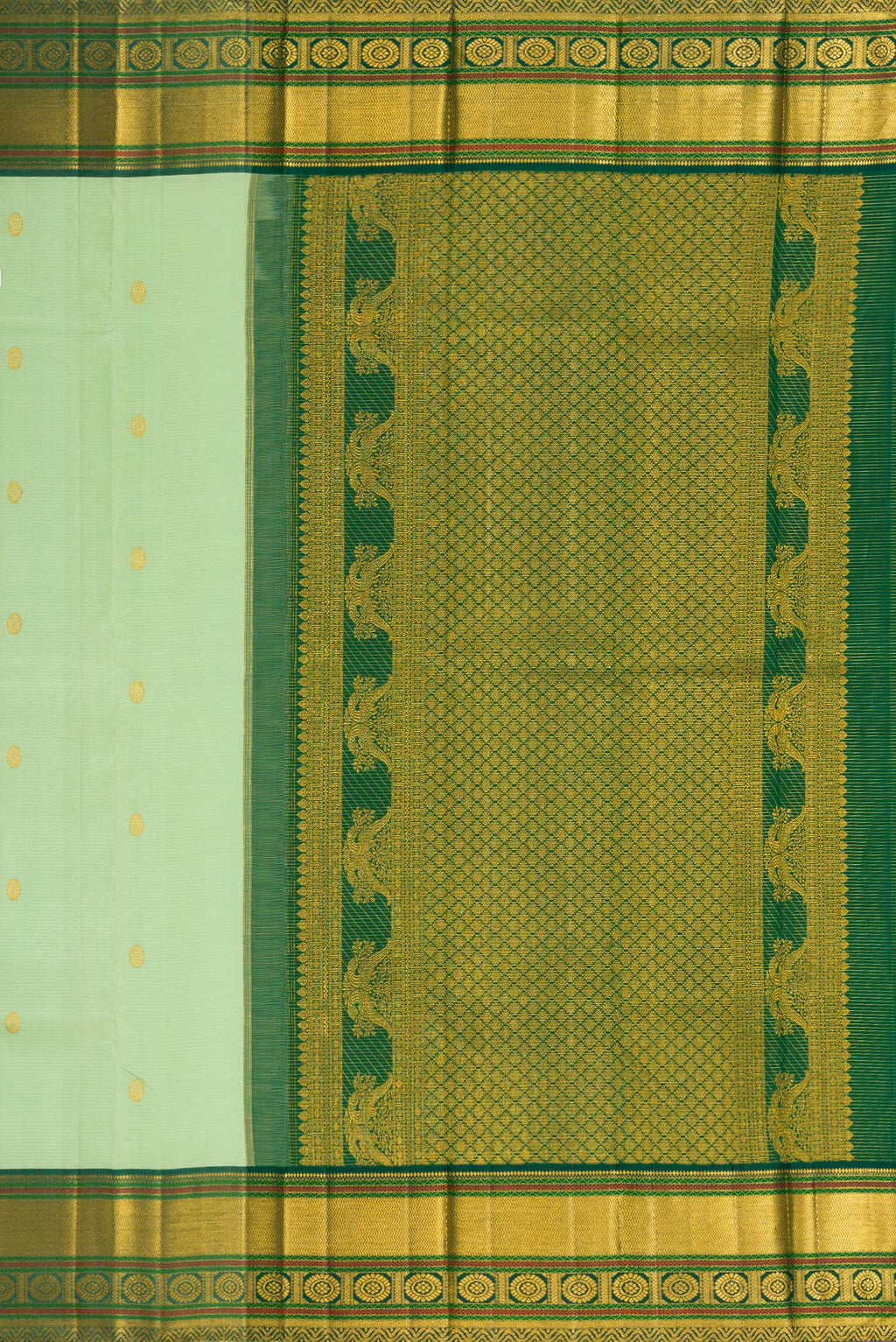 Close up image of the pallu of Pista Green Kanchipuram Silk Saree with Zari Butta on the body and Zari Border. 