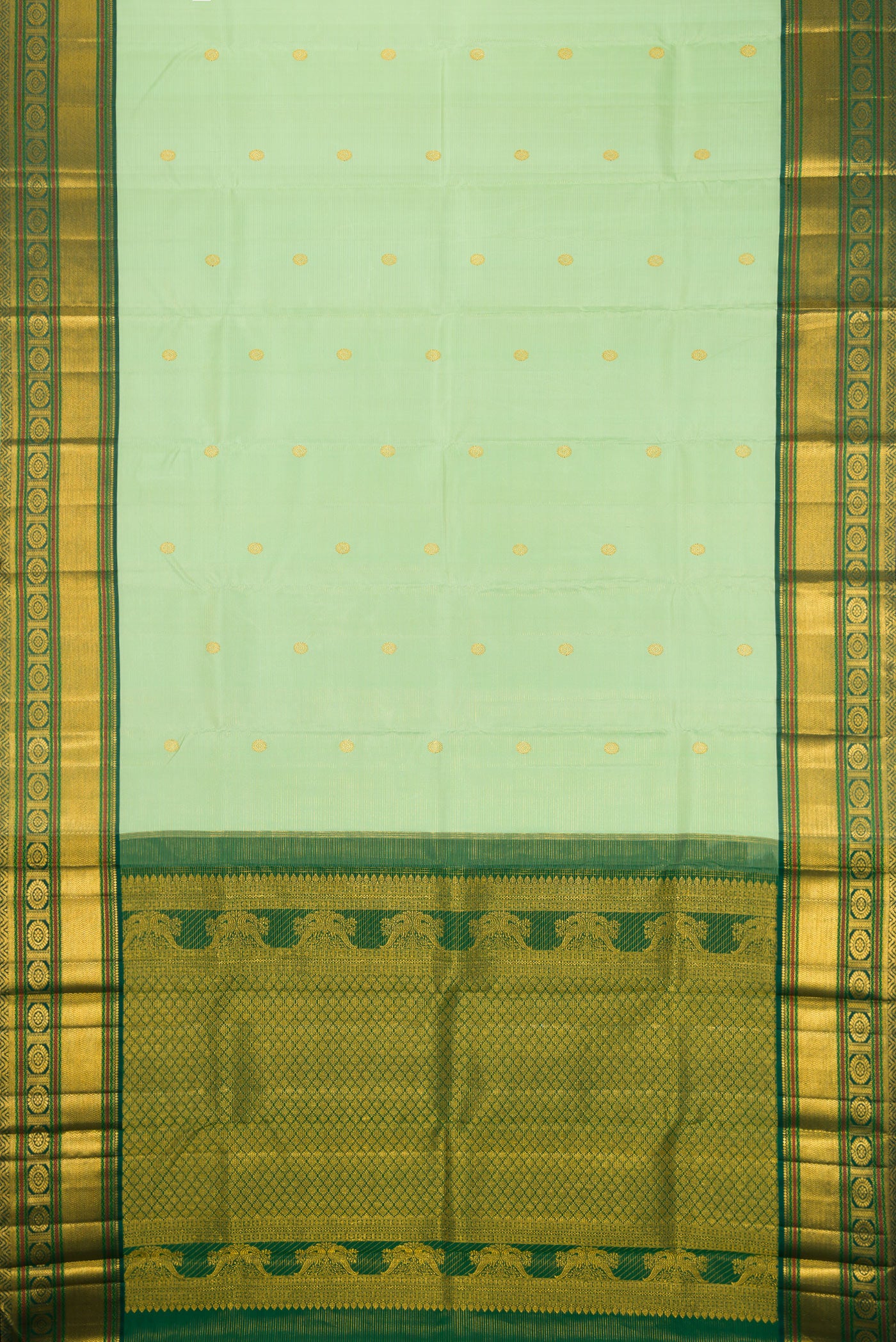 Flat view of Pista Green Kanchipuram Silk Saree with Zari Butta on the body and Zari Border. 