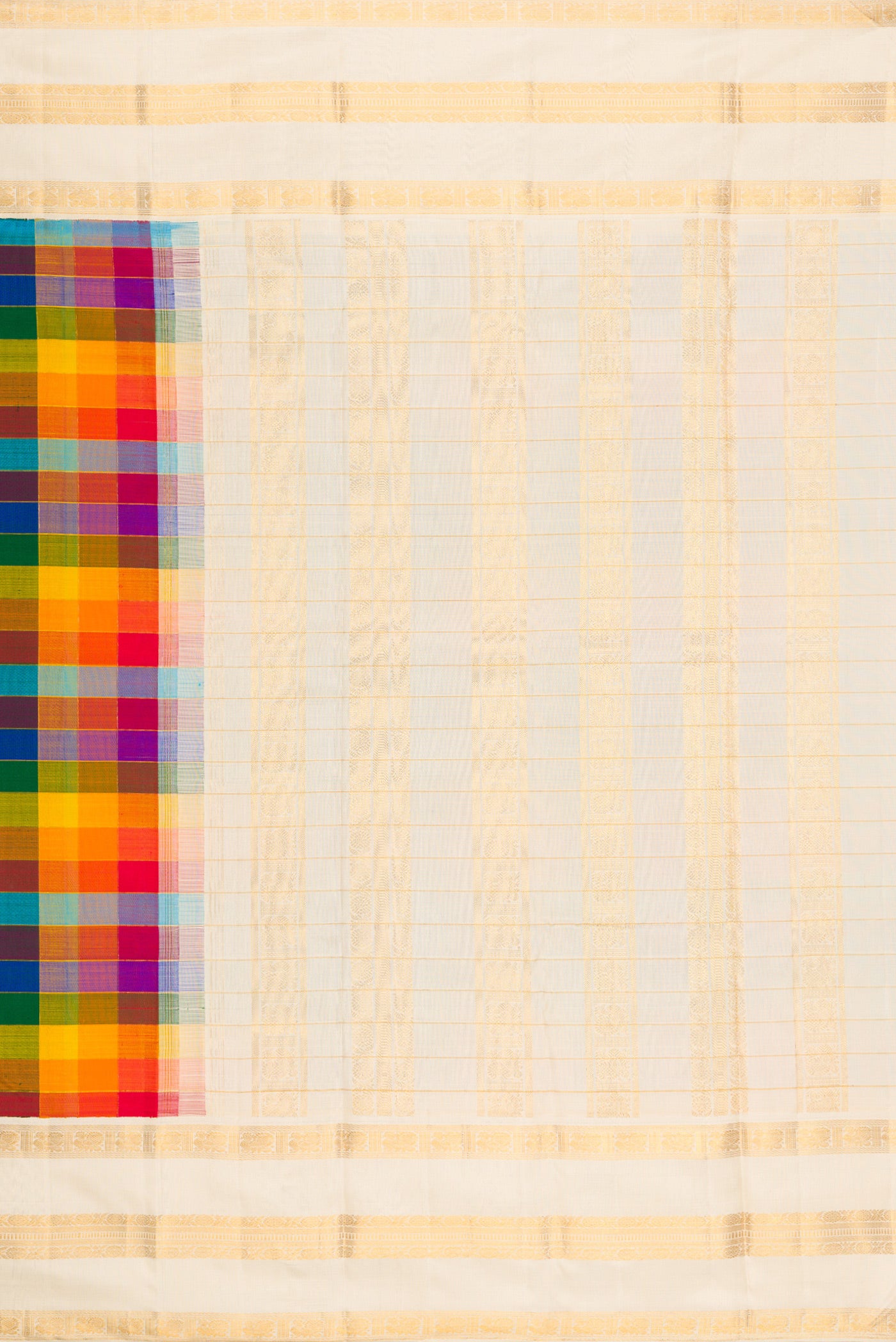 Close up image of the pallu of Pure Silk Pure Zari Multi Color Kanchipuram Saree with Checked design on the body and Zari Border. 
