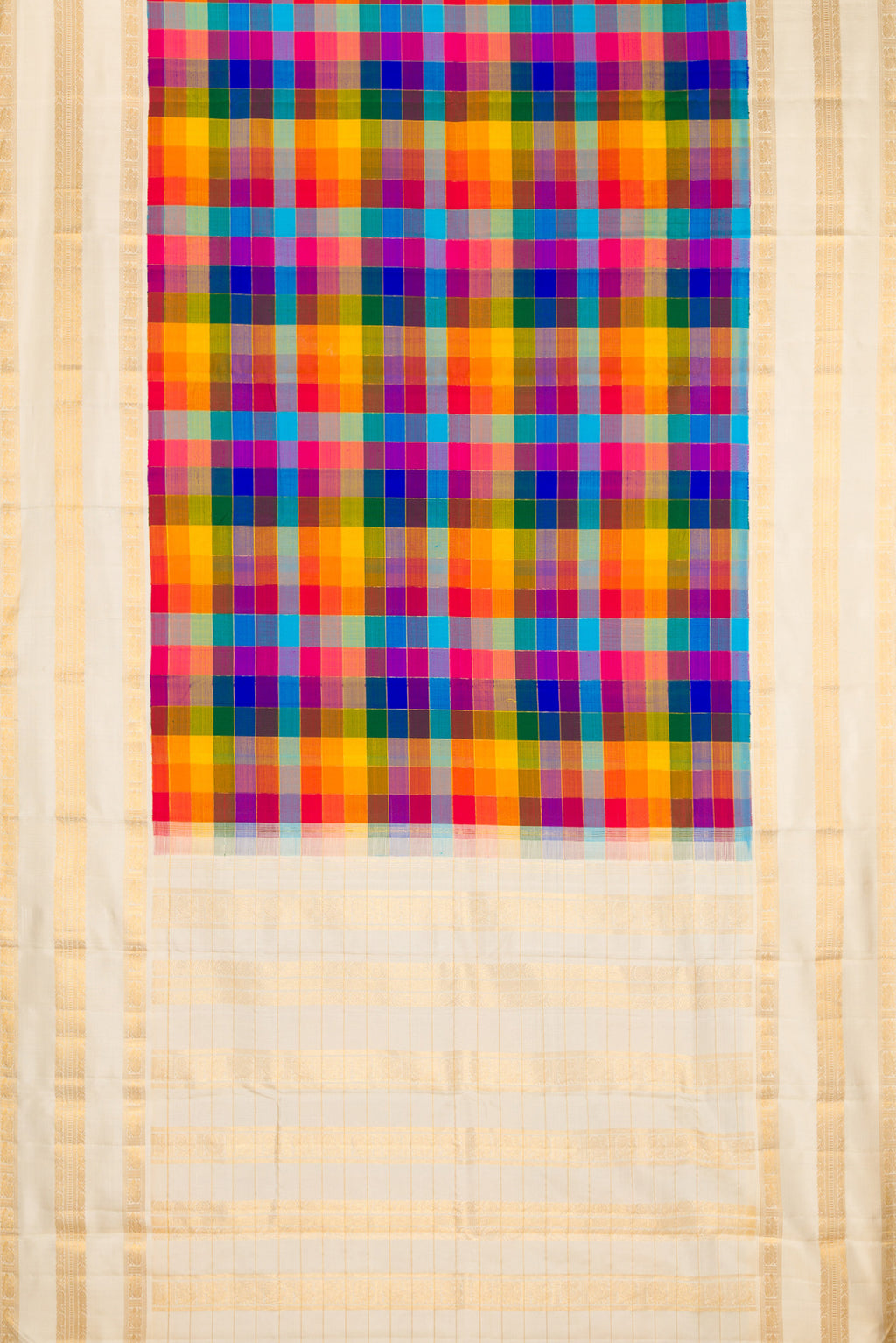 Flat view of Pure Silk Pure Zari Multi Color Kanchipuram Saree with Checked design on the body and Zari Border. 