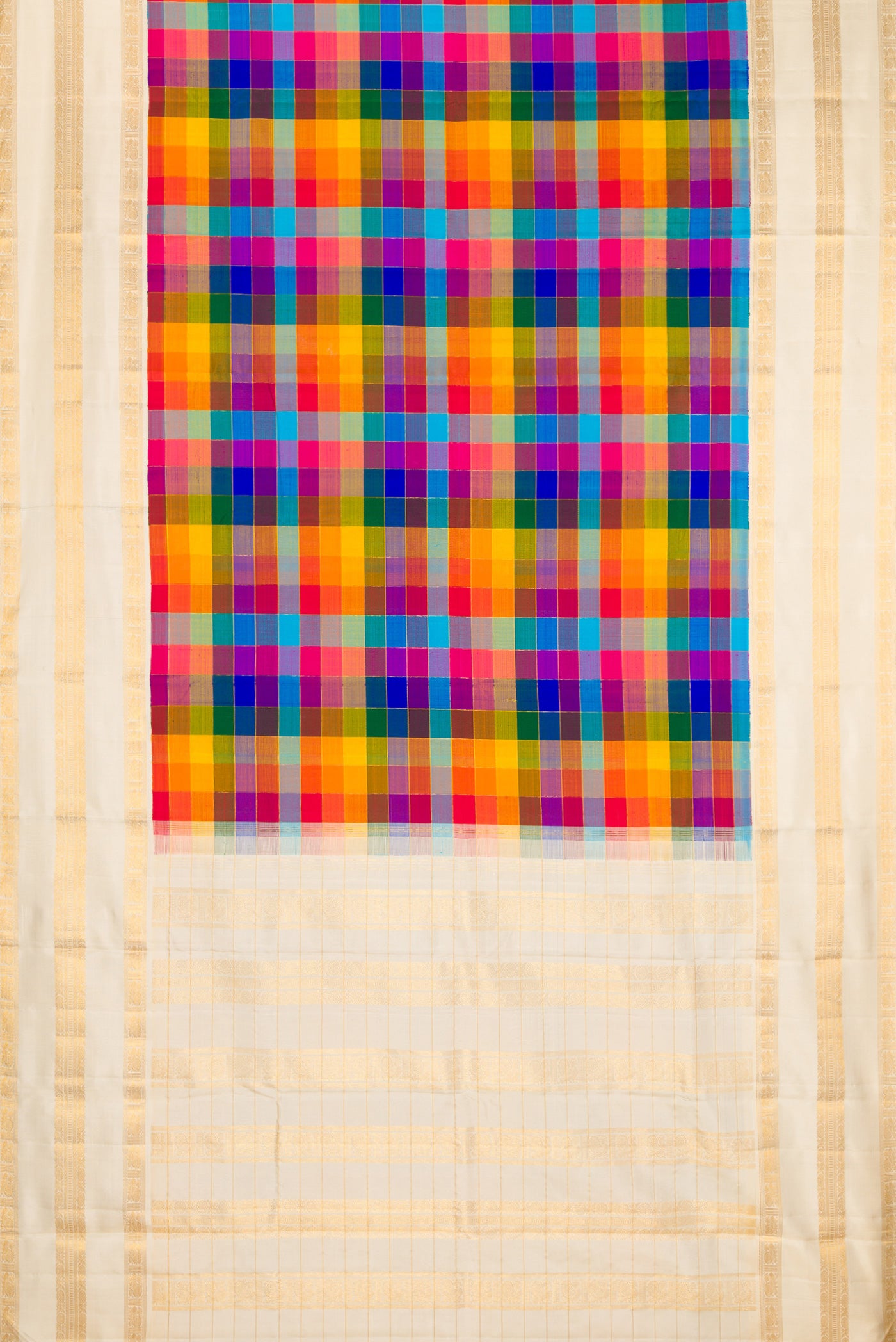 Flat view of Pure Silk Pure Zari Multi Color Kanchipuram Saree with Checked design on the body and Zari Border. 