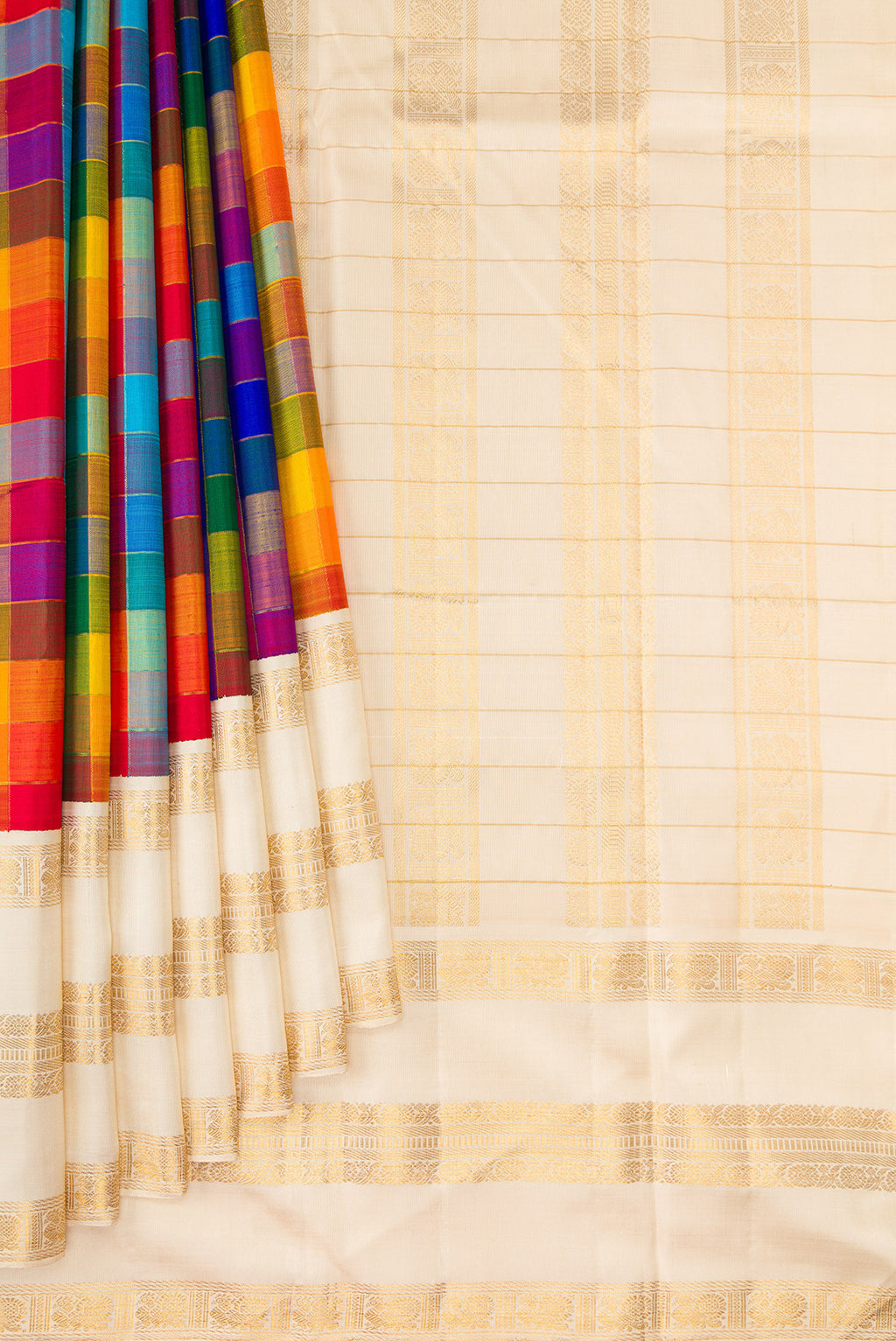 Pleats and pallu of Pure Silk Pure Zari Multi Color Kanchipuram Saree with Checked design on the body and Zari Border. 