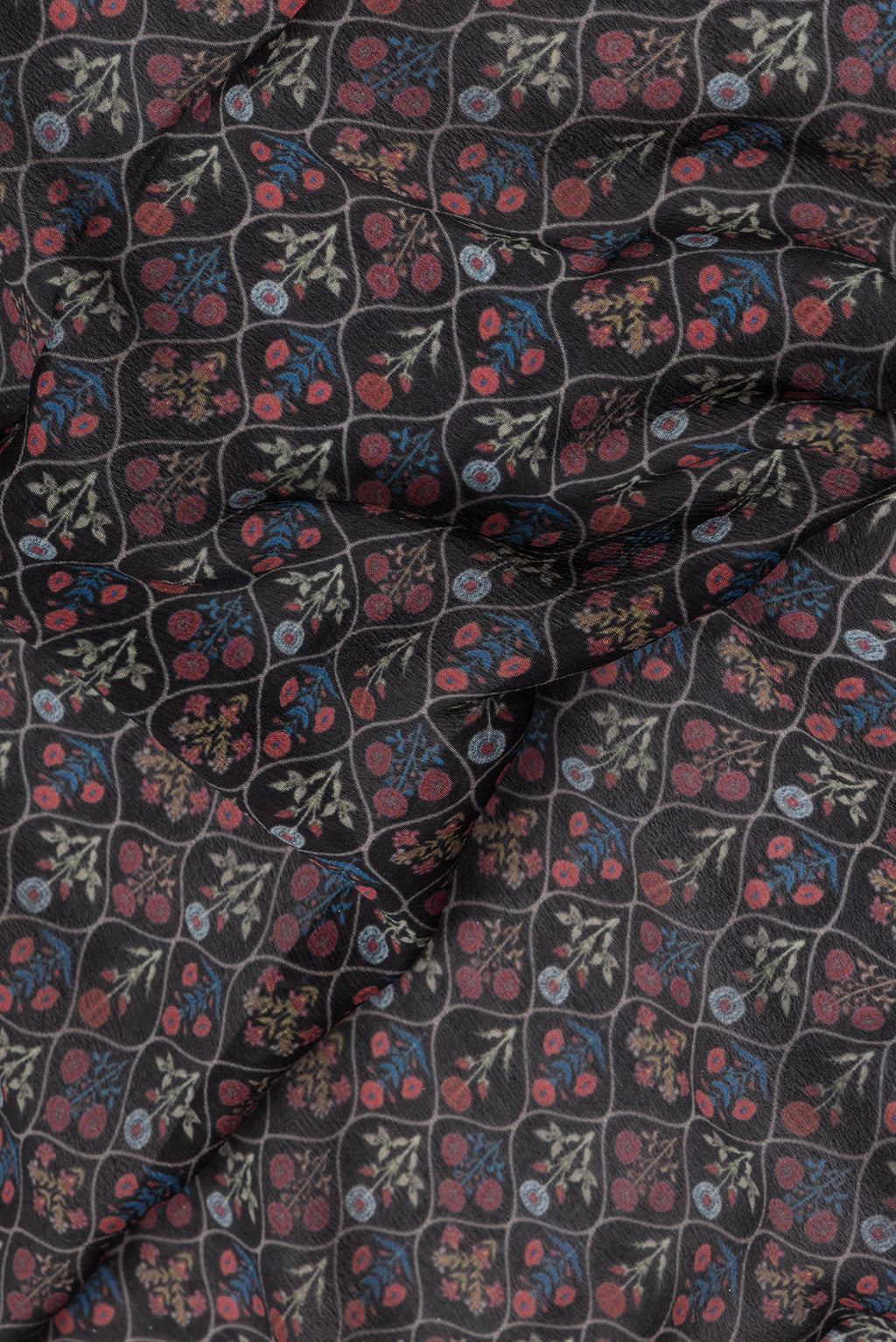Close up of Black Mysore Chiffon Saree with Printed design on the body and Zari Border.  displaying folds