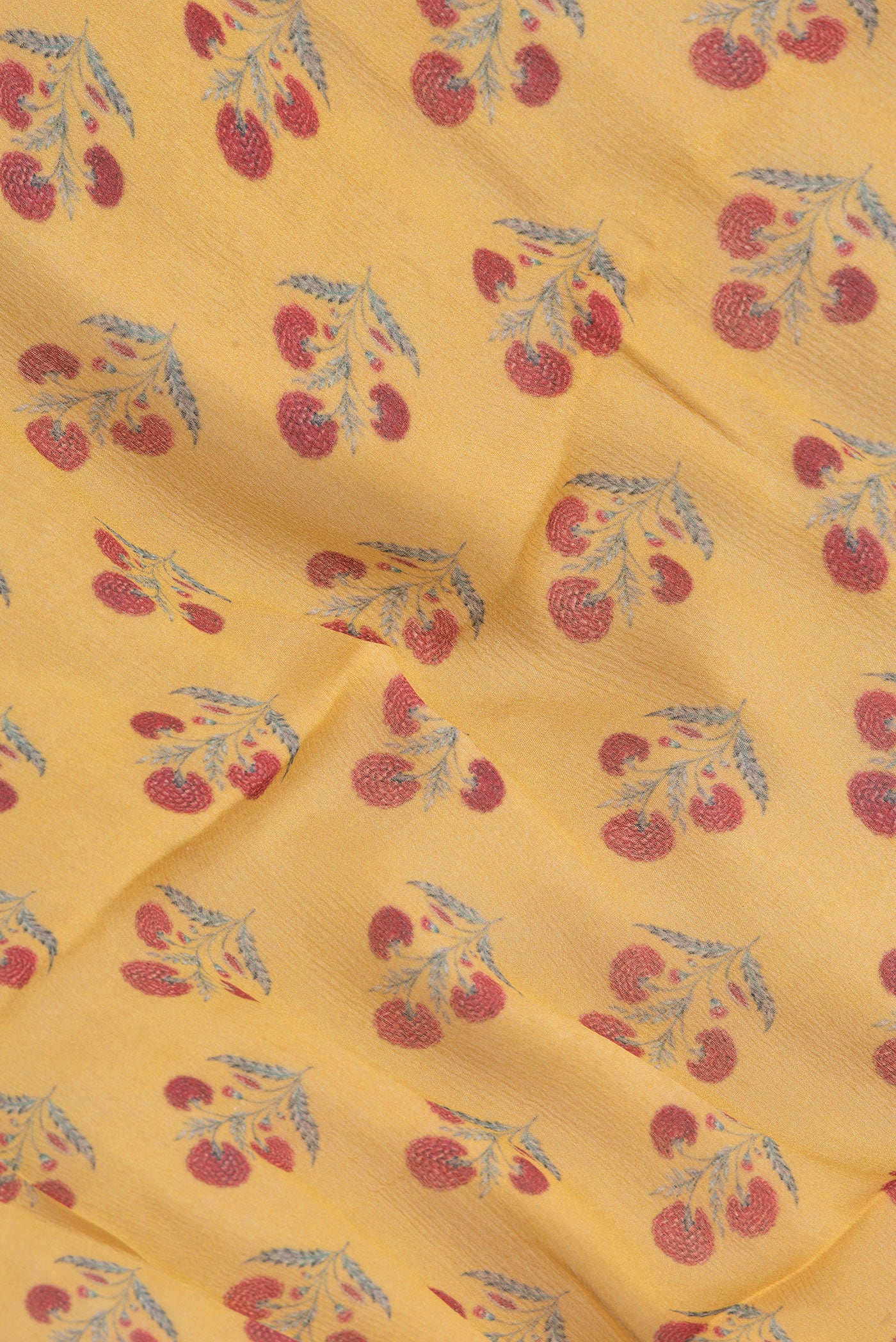 Close up of Mustard Mysore Chiffon Saree with Printed design on the body and Zari Border.  displaying folds