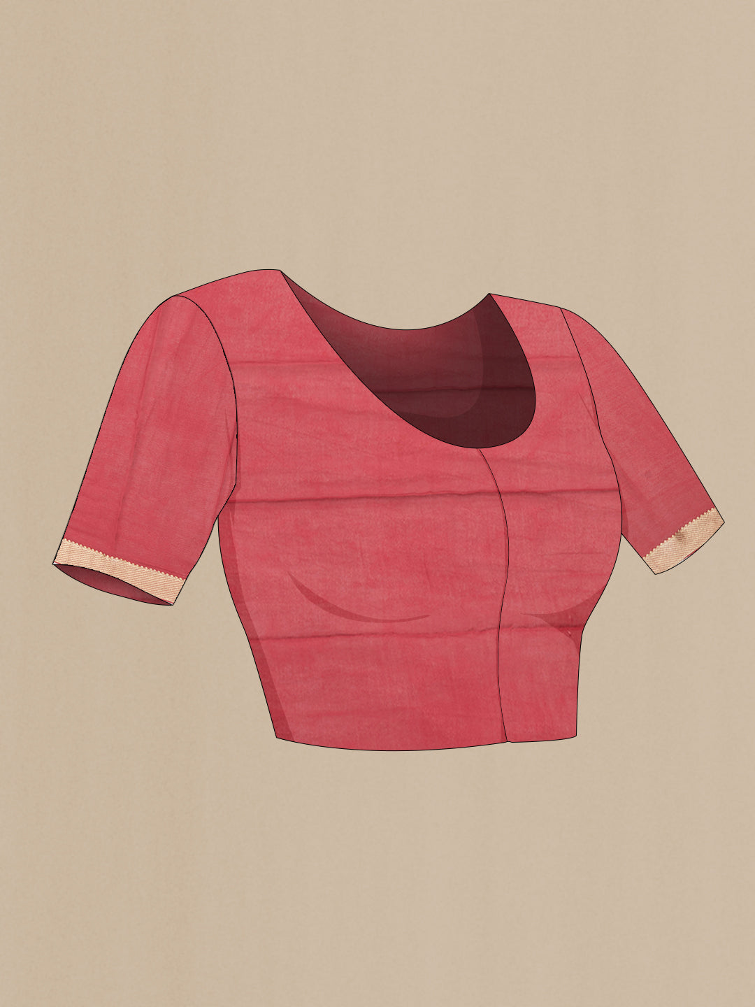 Close up image of the blouse of Red Dual Tone Mysore Chiffon Saree with Printed design on the body and Zari Border. 