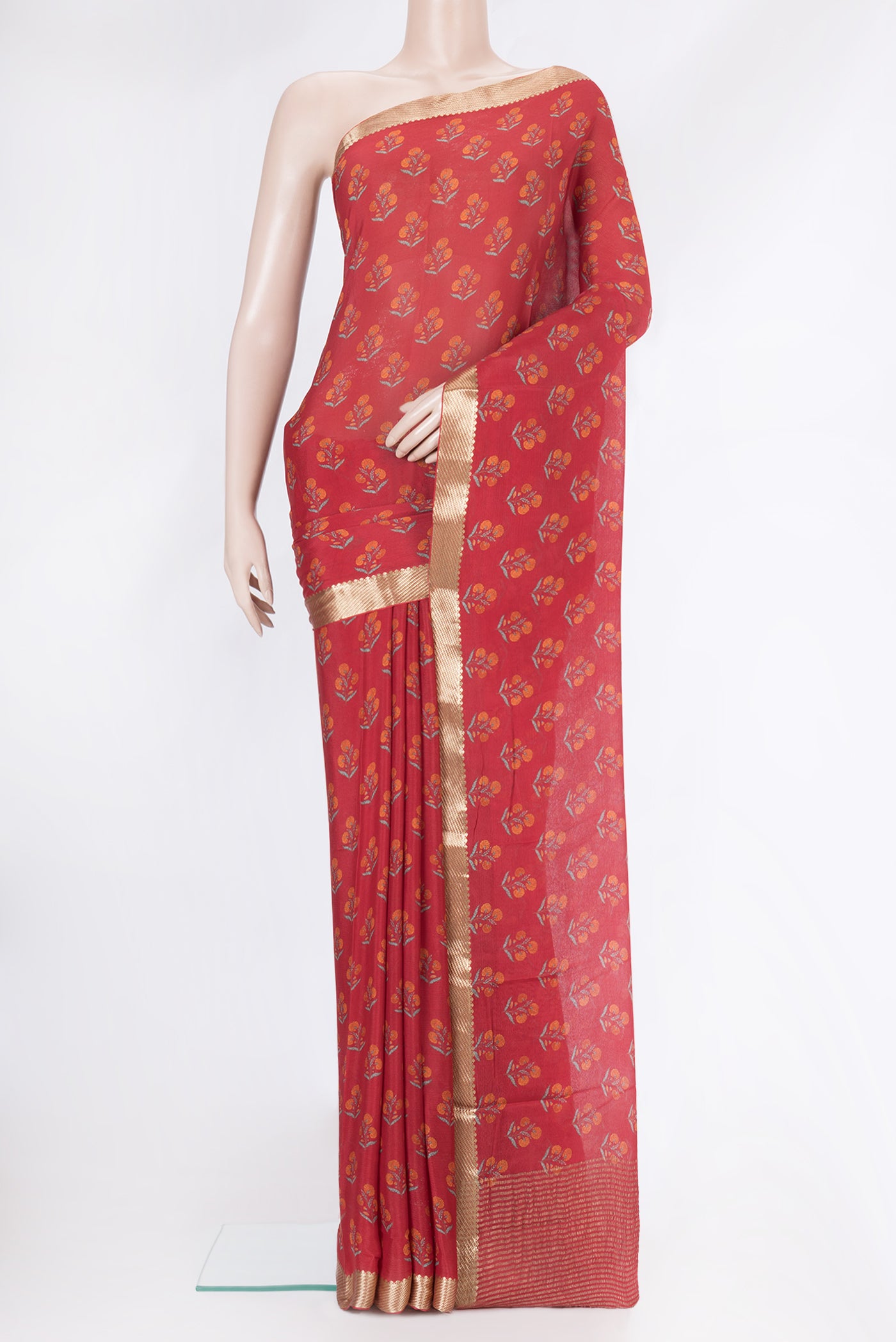 Red Dual Tone Mysore Chiffon Saree with Printed design on the body and Zari Border.  displayed on a mannequin