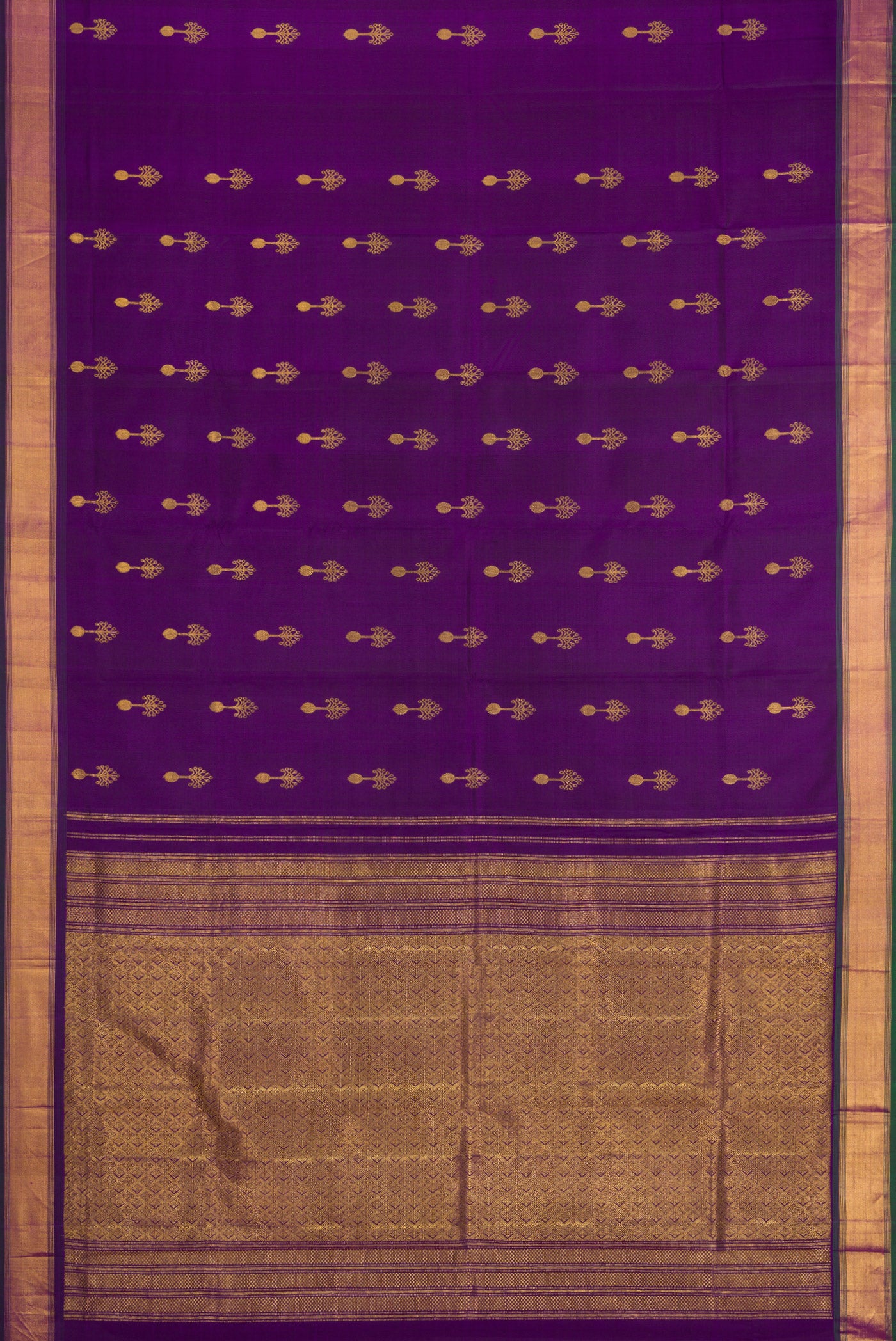 Flat view of Purple Kanjivaram Silk Saree with Zari Butta on the body and Zari Border. 