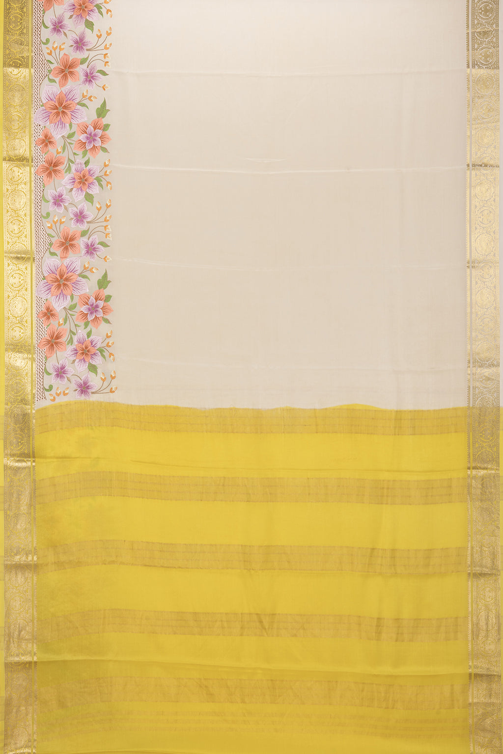 Flat view of Beige Mysore Silk Saree with Plain Body and Embroidery Border. 