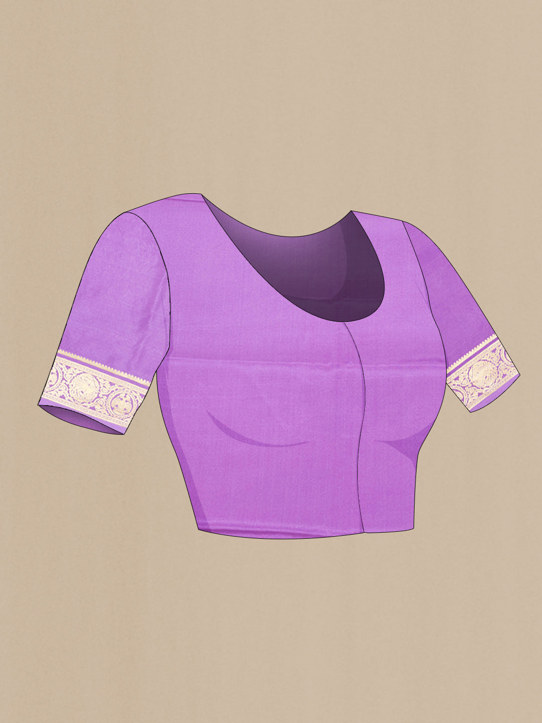 Close up image of the blouse of Lavender Dual Tone Mysore Silk Saree with Plain Body and Fancy Border. 