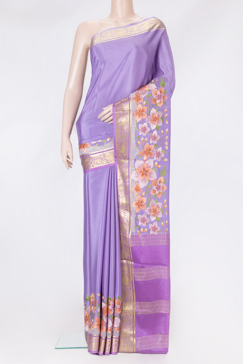 Lavender Dual Tone Mysore Silk Saree with Plain Body and Fancy Border.  displayed on a mannequin