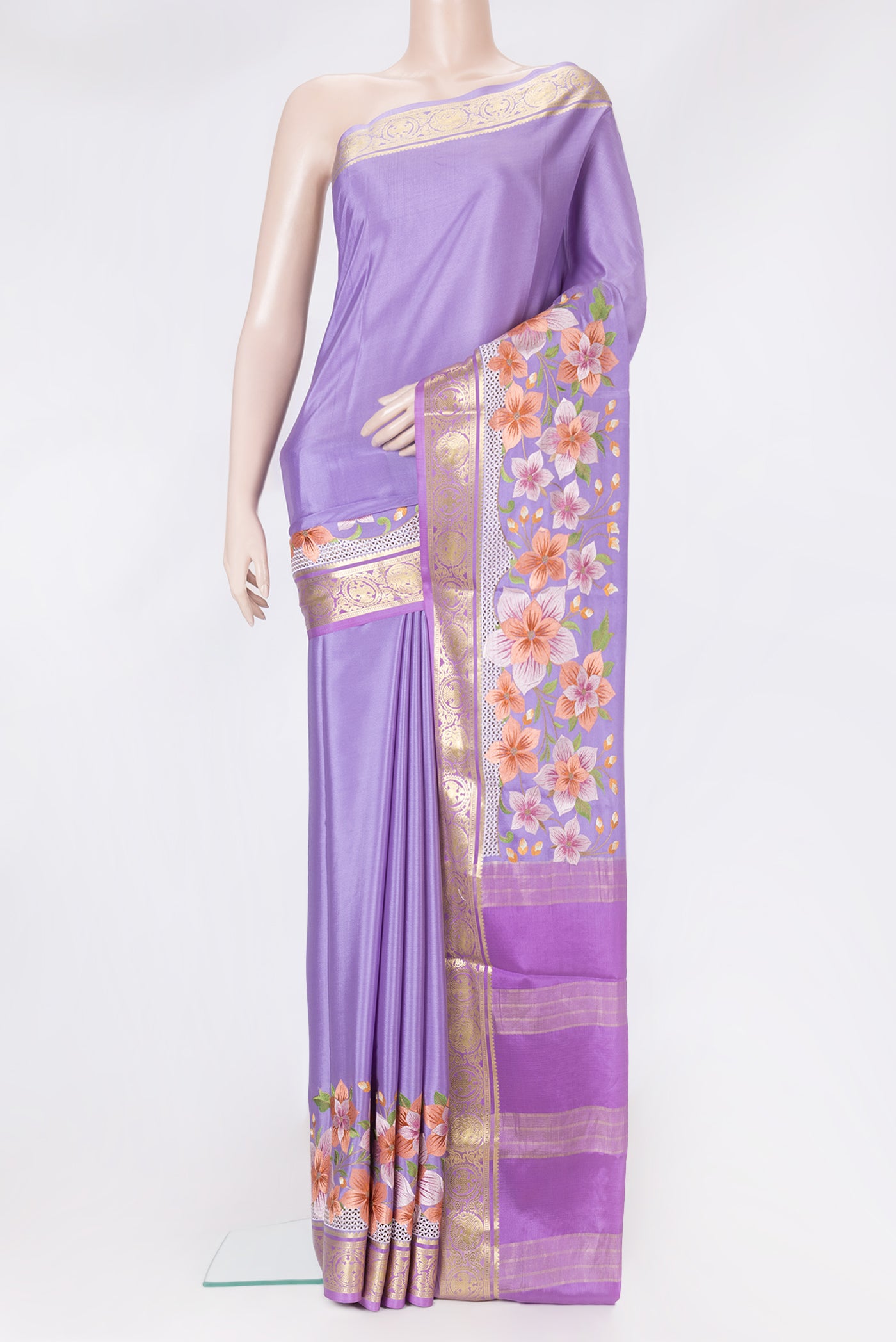 Lavender Dual Tone Mysore Silk Saree with Plain Body and Fancy Border.  displayed on a mannequin
