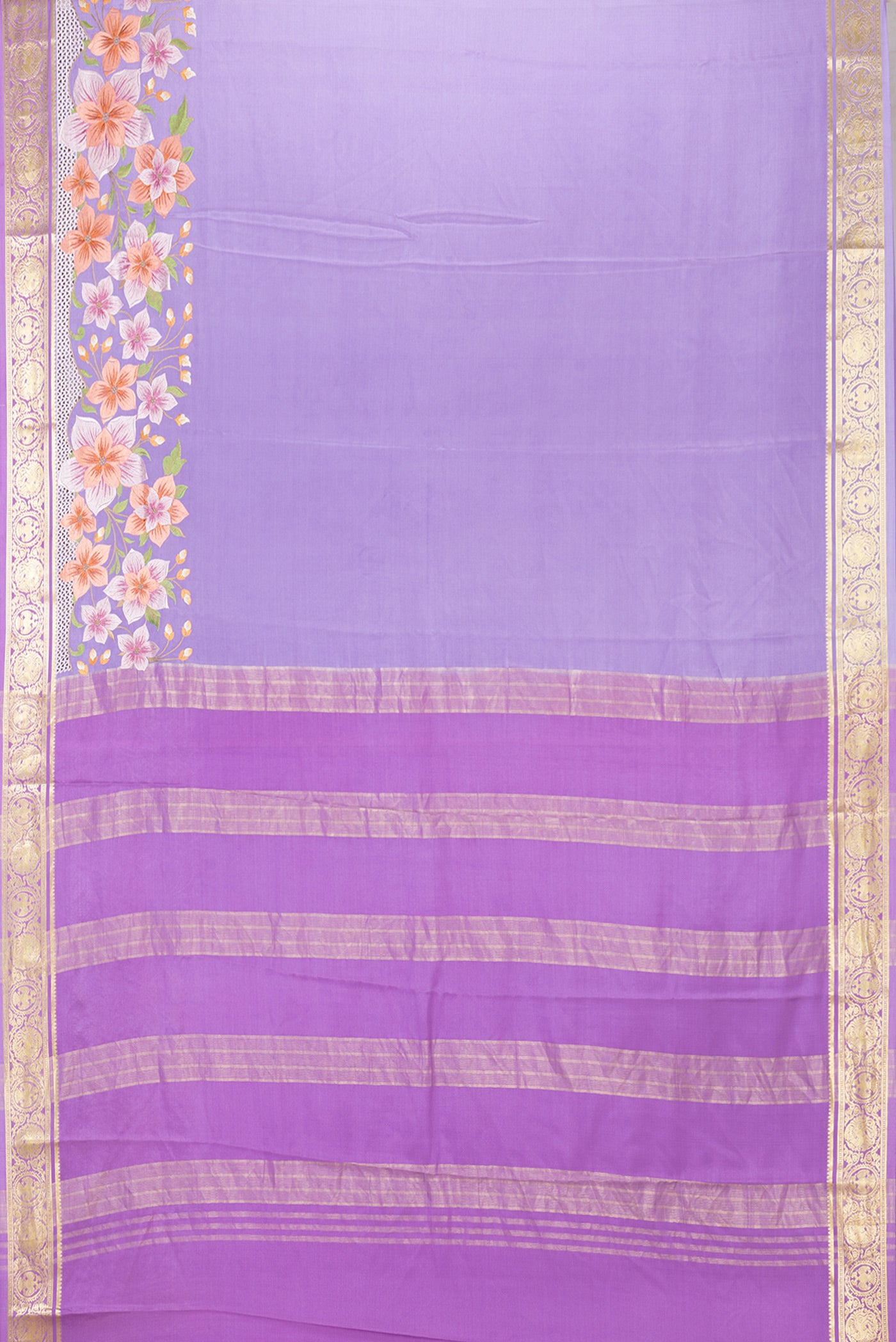 Flat view of Lavender Dual Tone Mysore Silk Saree with Plain Body and Fancy Border. 